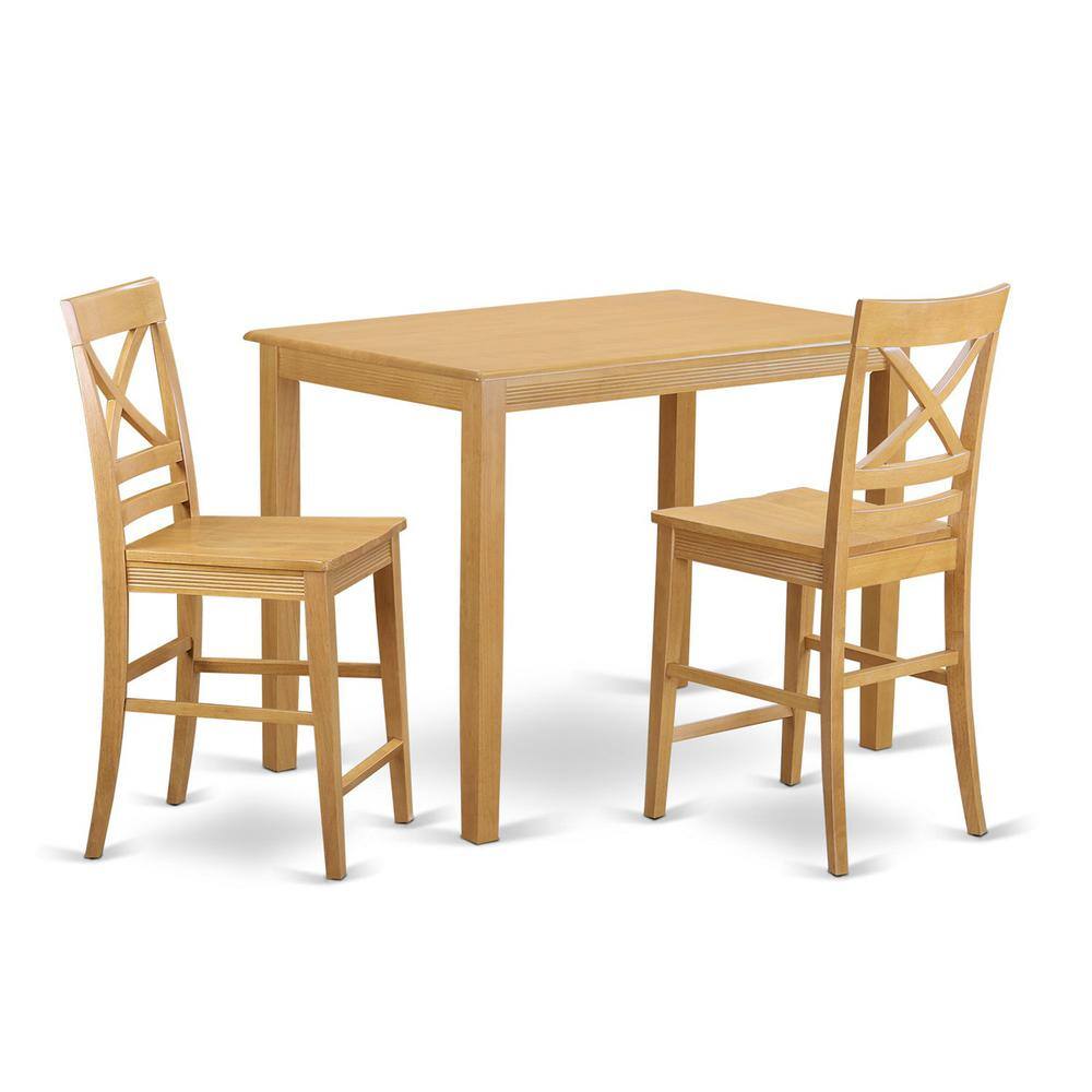 Left. East West Furniture - 3 Pc counter height Table and chair set - Small Kitchen Table and 2 bar stools with backs - Oak.