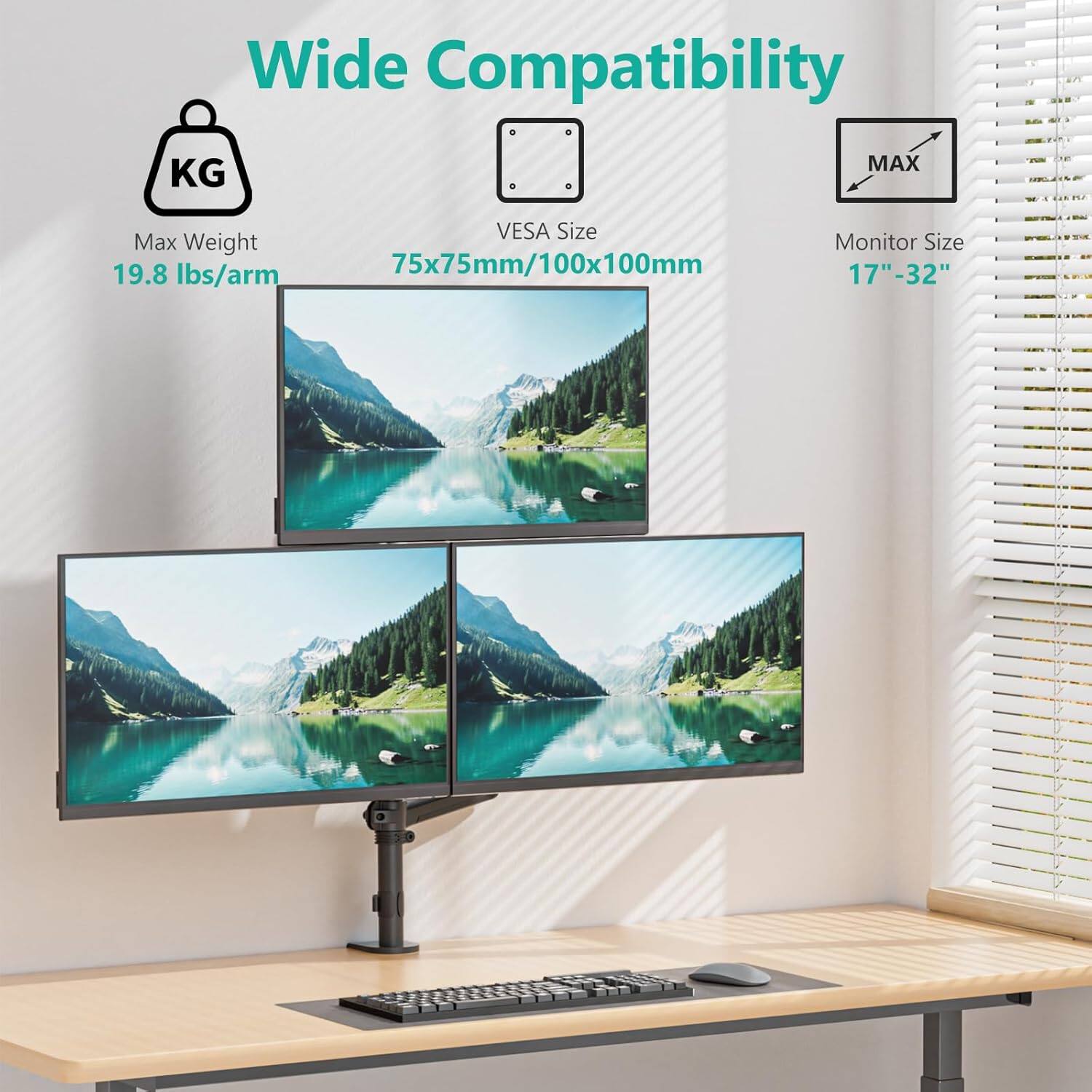 Wide Compatibility: KG MAX, VESA Size: 75x75mm/100x100mm, Max Weight: 19.8 lbs/arm, Monitor Size: 17"-32".