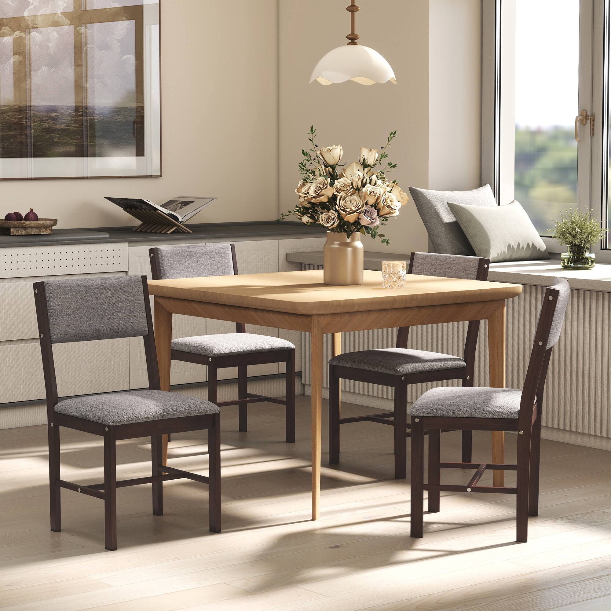 Alt View 7. Homcom - Dining Chairs Set of 4, Linen Fabric Kitchen Chairs with Rubberwood Legs for Dining Room - Walnut and Gray.