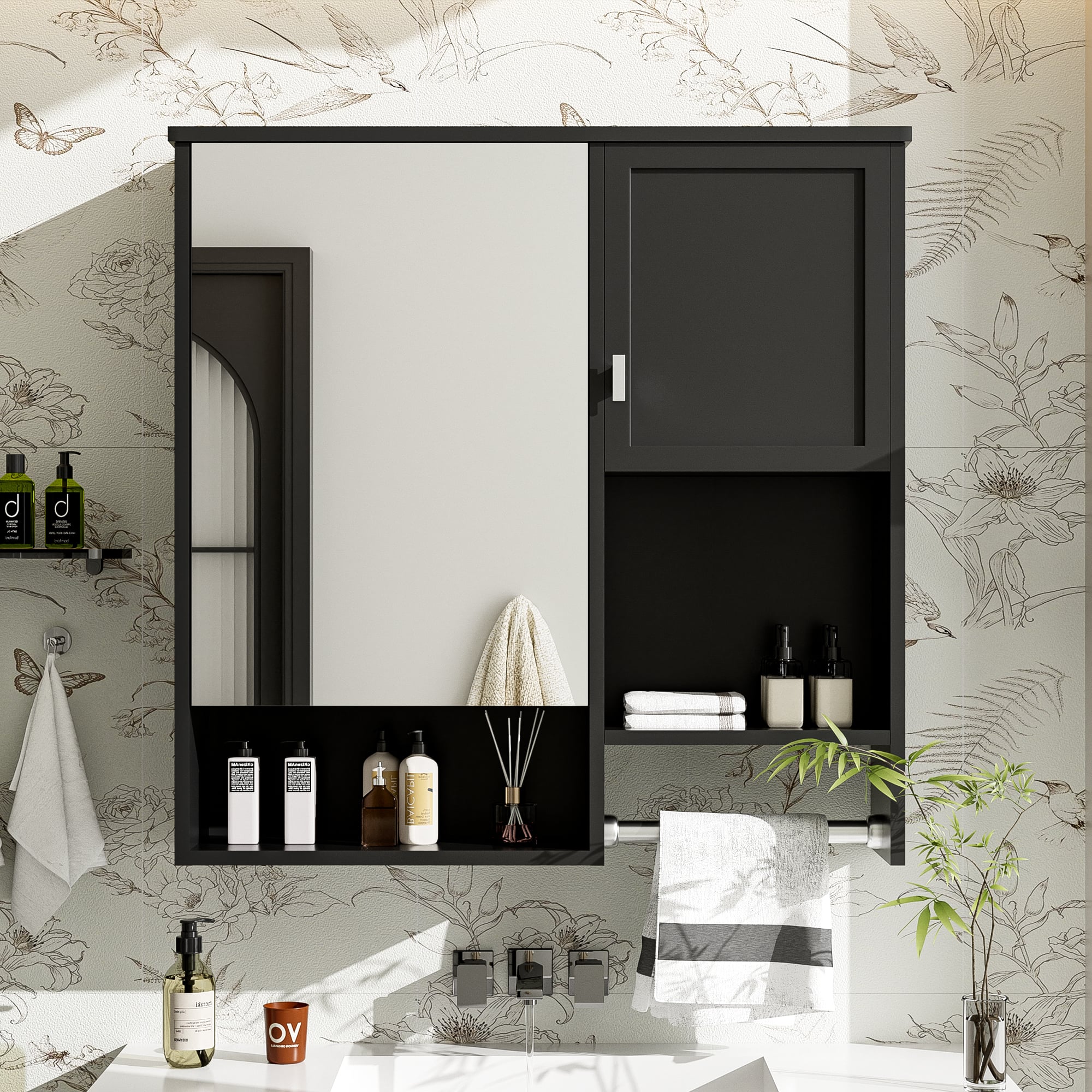 APRILSOUL - 29'' x 28'' Modern Wall Mounted Bathroom Medicine Cabinet Bathroom Wall Storage Cabinet with Mirror - Black