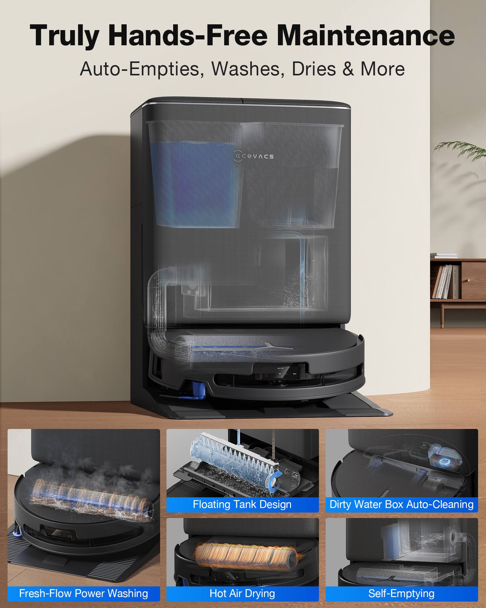Truly Hands-Free Maintenance  
Auto-Empties, Washes, Dries & More  

ECOVACS OVACS  
Floating Tank Design  
Dirty Water Box Auto-Cleaning  
Fresh-Flow Power Washing  
Hot Air Drying  
Self-Emptying