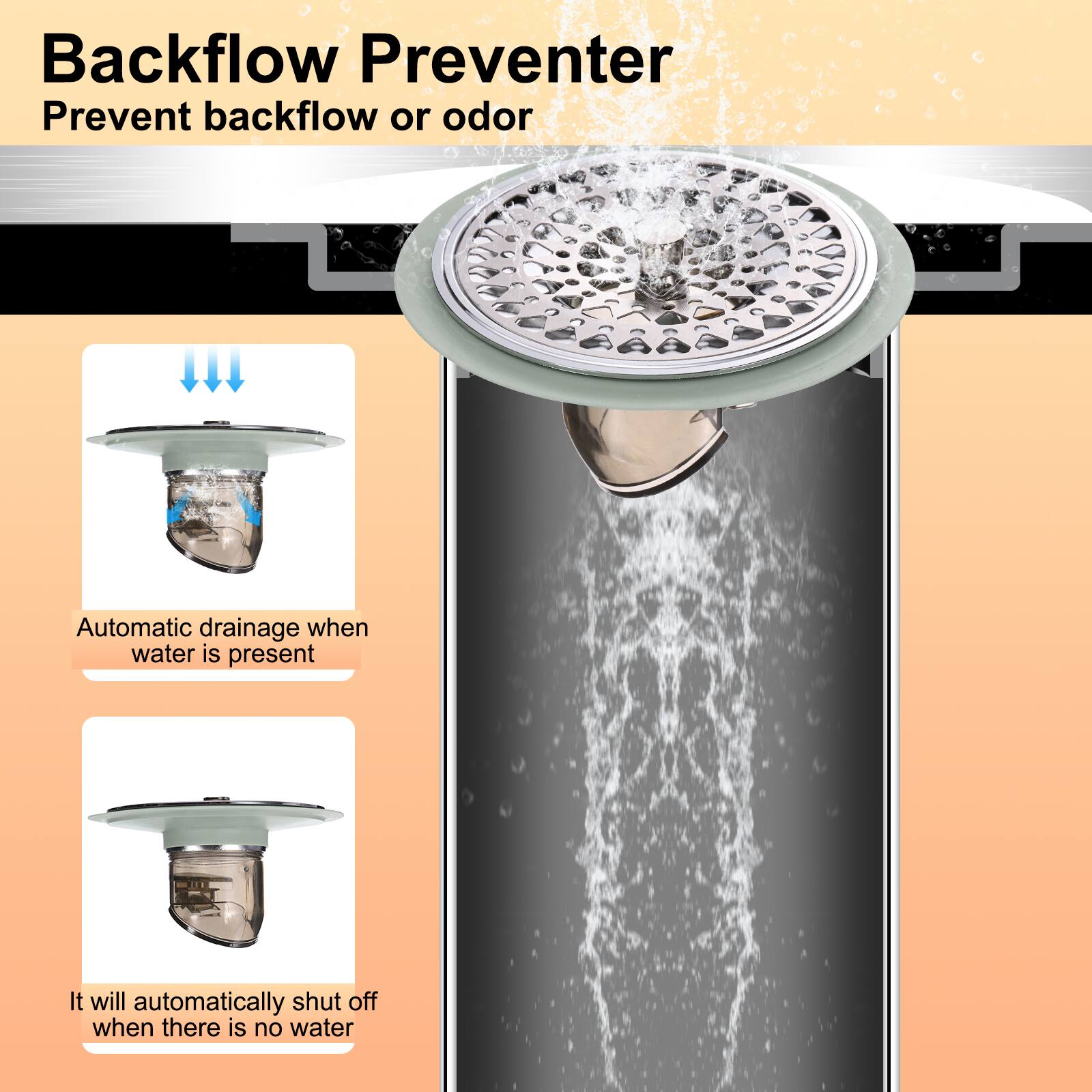 Backflow Preventer  
Prevent backflow or odor  

Automatic drainage when water is present  

It will automatically shut off when there is no water