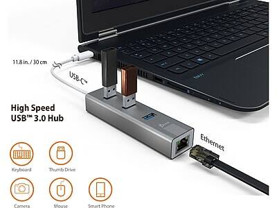 11.8 in./30 cm USB-C High Speed USB 3.0 Hub

Ethernet

High Speed USB 3.0 Hub

- Keyboard
- Thumb Drive
- Camera
- Mouse
- Smart Phone