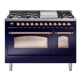 ILVE - Nostalgie II Series 48 in. Dual Fuel Range with 8 Sealed Burners + Griddle (Liquid Propane, Copper Trim) - Midnight Blue