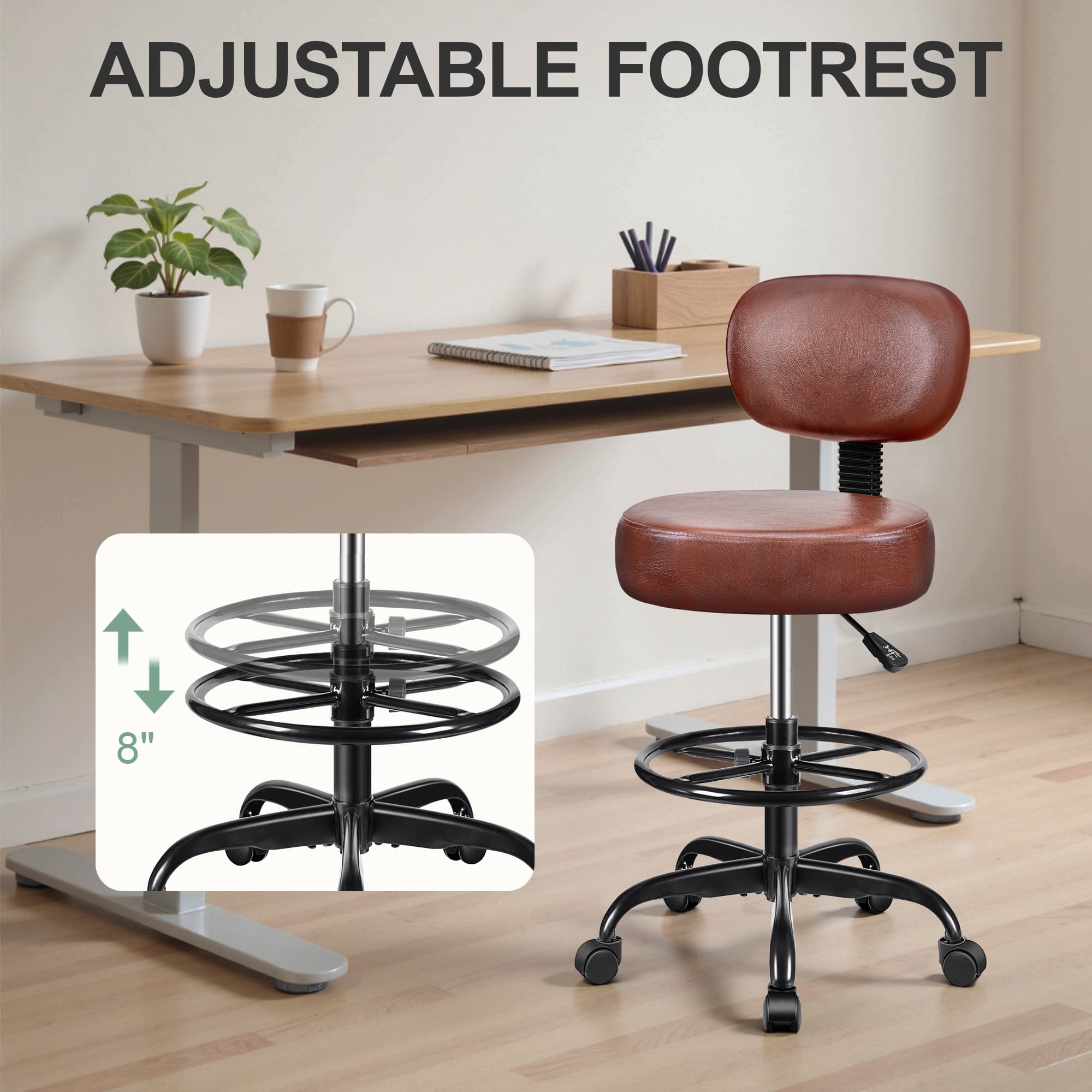 KERDOM - Height Adjustable Drafting Chair with Footrest Removable Back, PU Leather Swivel Stool with Wheels for Office, Salon - Ember Brown