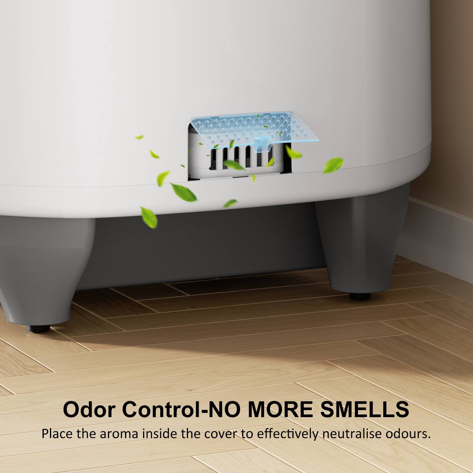 Odor Control-NO MORE SMELLS  
Place the aroma inside the cover to effectively neutralise odours.