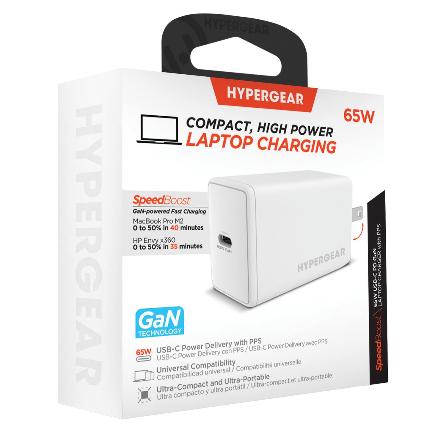 HYPERGEAR HYPERGEAR HYPERGEAR 65W COMPACT, HIGH POWER LAPTOP CHARGING  
SpeedBoost GaN-powered Fast Charging  
MacBook Pro M2: 0 to 50% in 40 minutes  
HP Envy x360: 0 to 50% in 35 minutes  

HYPERGEAR GaN Od CHARGER USB-C 65W LAPTOP  
GaN TECHNOLOGY  
65W Universal USB-C USB-C Power Delivery with PPS  
Universal Compatibility  
Ultra-Portable and Ultra-Compact  

SpeedBoost  
GaN-powered Fast Charging  
0 to 50% in 40 minutes  
HP Envy x360: 0 to 50% in 35 minutes  

GaN TECHNOLOGY  
65W USB-C Power Delivery with PPS  
Universal Compatibility  
Ultra-Compact and Ultra-Portable