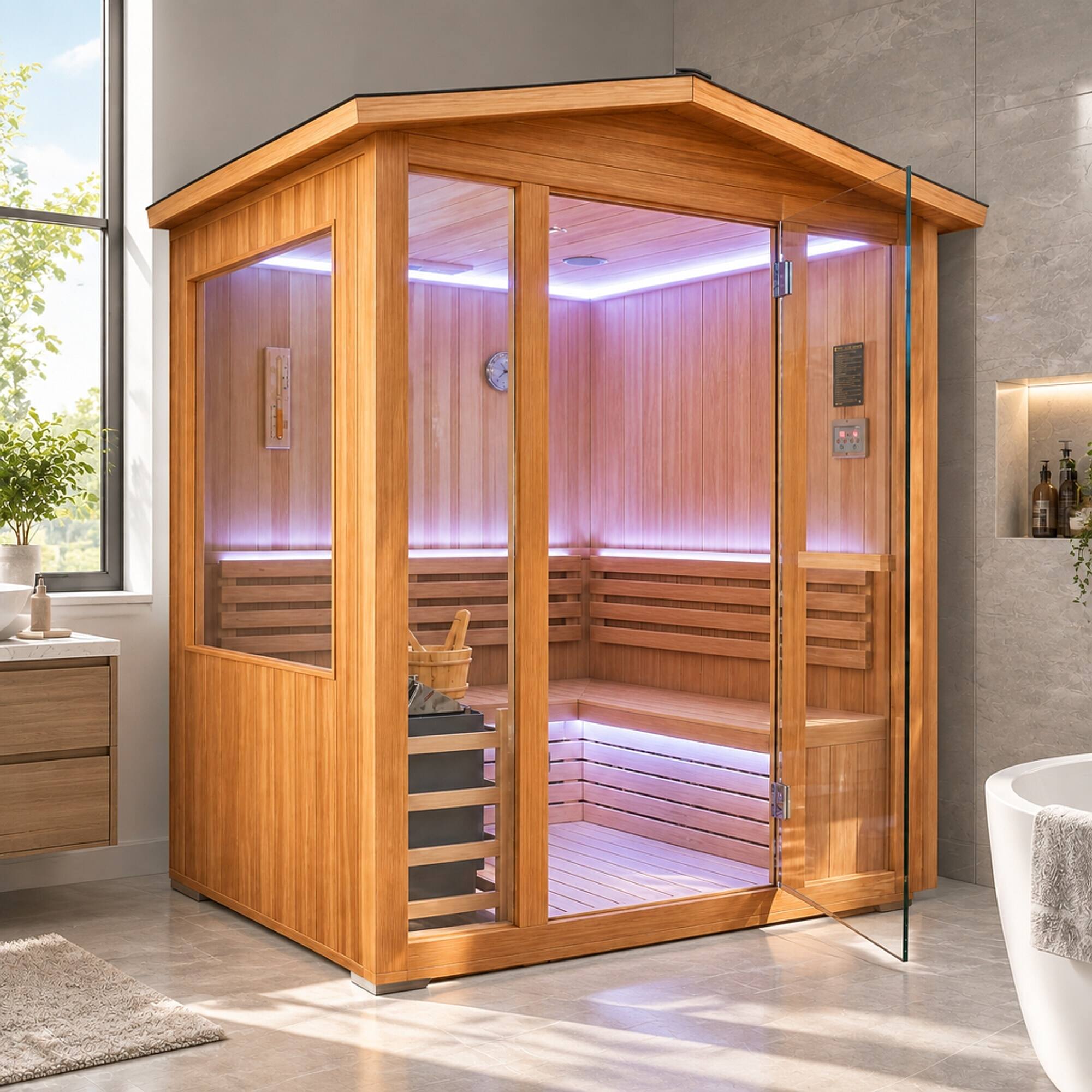 Back. RYHNUYNE - 6000W Outdoor Traditional Steam Sauna, Cedar Wood, 4 Person, 240V, 150 x 140 x 208 cm - Ameican White Oak.