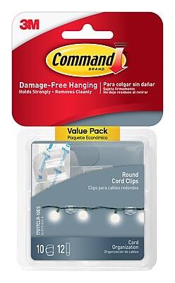 3M Command Brand  
Damage-Free Hanging  
Para colgar sin dañar  
Holds Strongly • Removes Cleanly  
No deja residuos al retirar  

Value Pack  
Paquete Económico  

Round Cord Clips  
Clips para cables redondos  

Cord Organization  
Organización de cables  

10 12