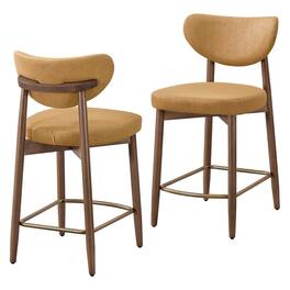 Songmics Home - Wooden Bar Stools Set of 2, Upholstered Counter Height Barstools with Solid Wood Legs, Ergonomic Backrest - Caramel