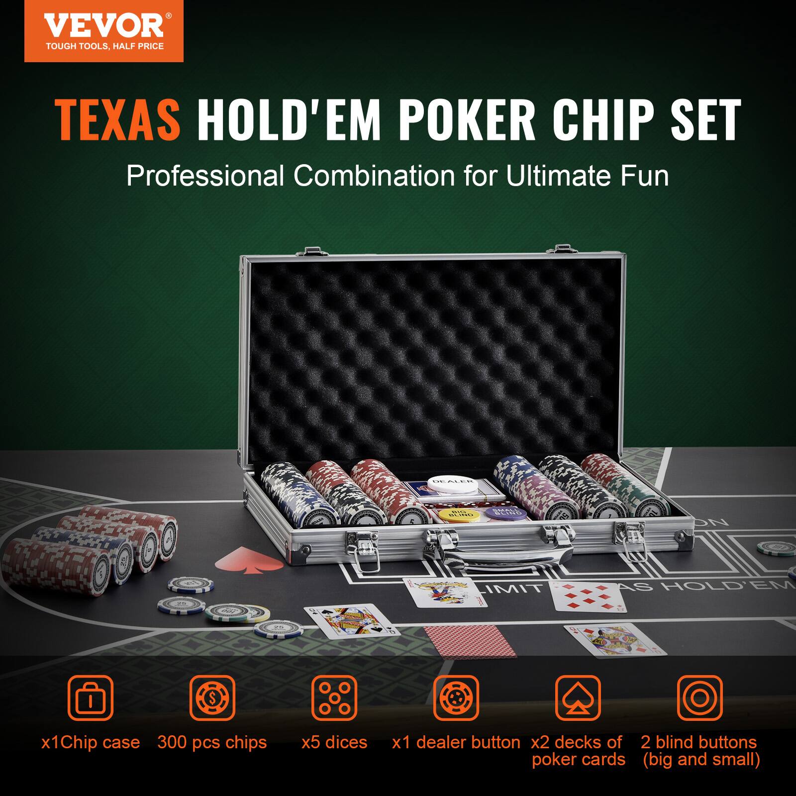 VEVOR TOUGH TOOLS, HALF PRICE TEXAS HOLD'EM POKER CHIP SET Professional Combination for Ultimate Fun x1Chip case 300 pcs chips x5 dices x1 dealer button x2 decks of 2 blind buttons poker cards (big and small)