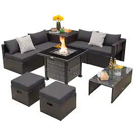 Gymax - 9 Pieces Furniture Set w/ 50,000 BTU Propane Fire Pit Table Patio - Gray