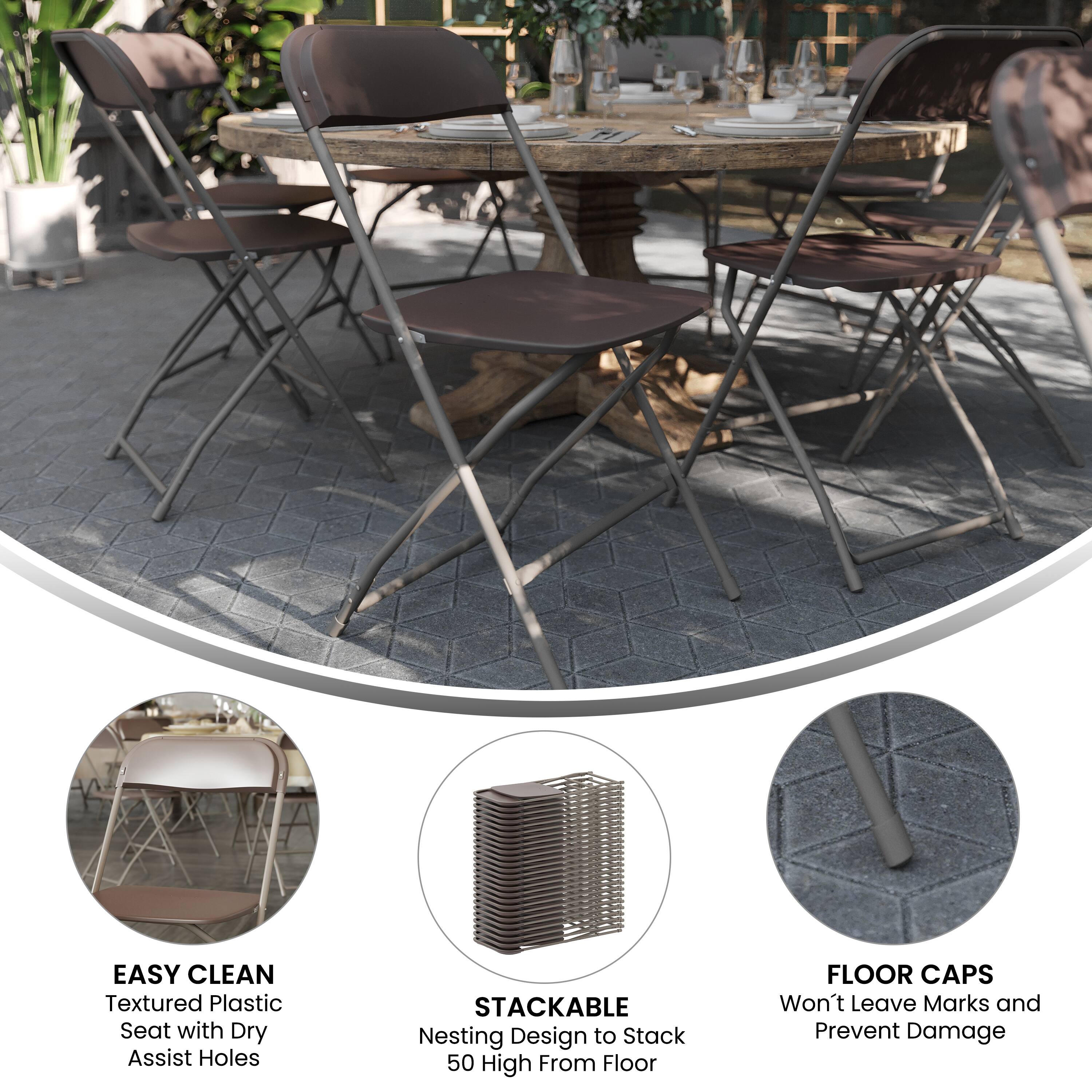 EASY CLEAN  
Textured Plastic Seat with Dry Assist Holes  

STACKABLE  
Nesting Design to Stack 50 High From Floor  

FLOOR CAPS  
Won't Leave Marks and Prevent Damage