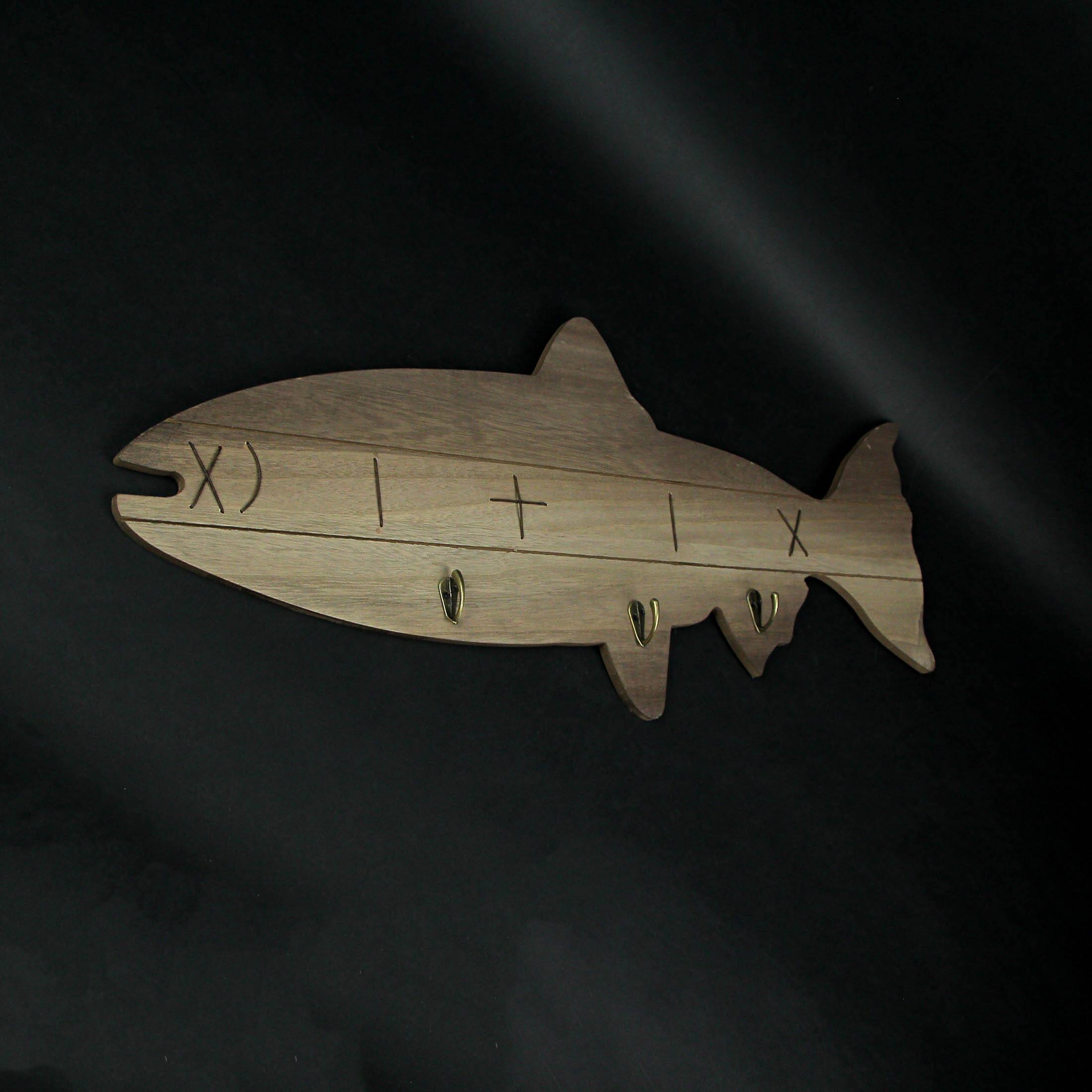 Alt View 4. Mayrich Company - Distressed Wooden Fish Shaped 3 Hook Hanging Wall Rack 27.5 Inches Long - Brown.