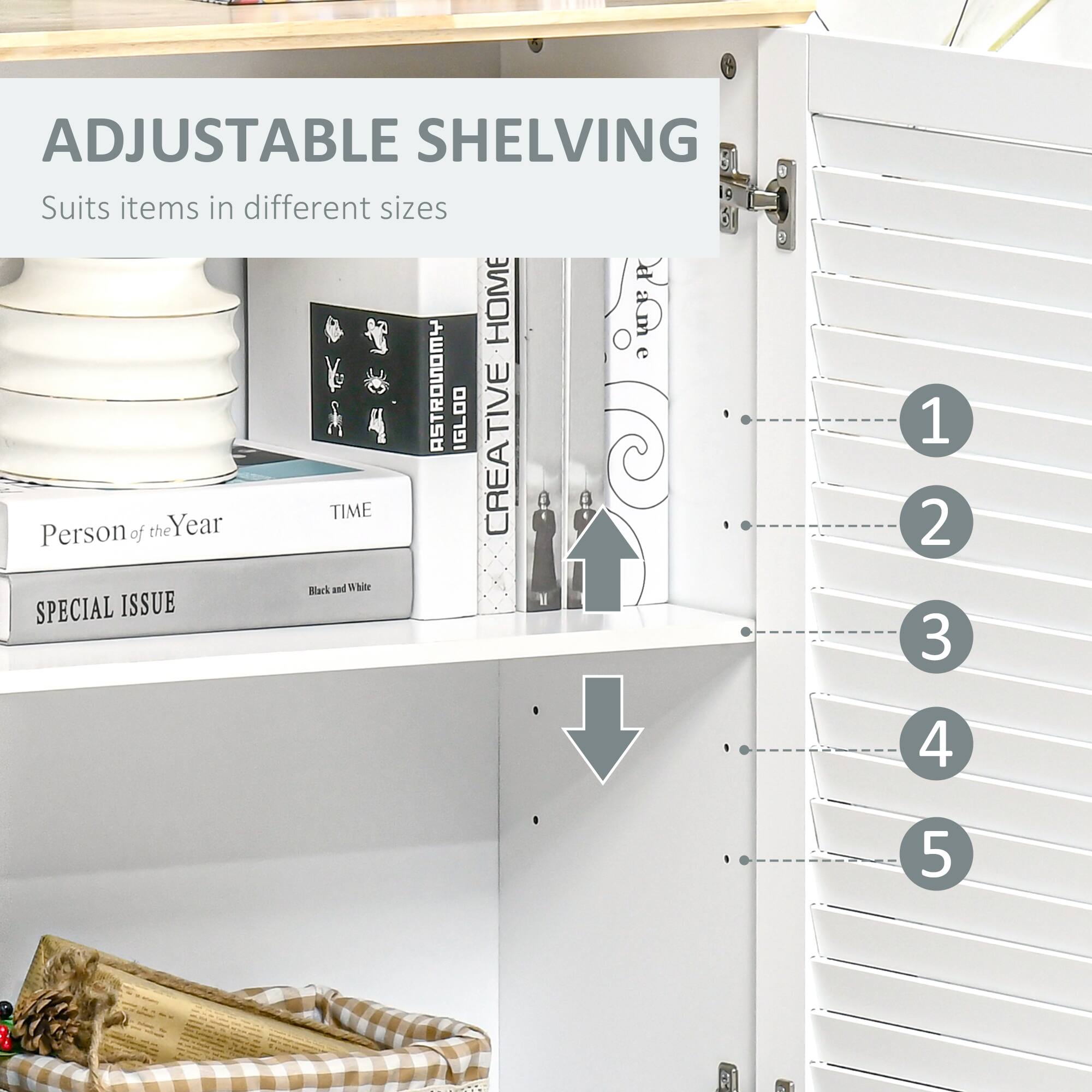 ADJUSTABLE SHELVING  
Suits items in different sizes  

1  
2  
3  
4  
5  

Person of the Year  
TIME  
SPECIAL ISSUE  
CREATIVE HOME  
ASTRO NOMY  
IGLOO  
Black and White