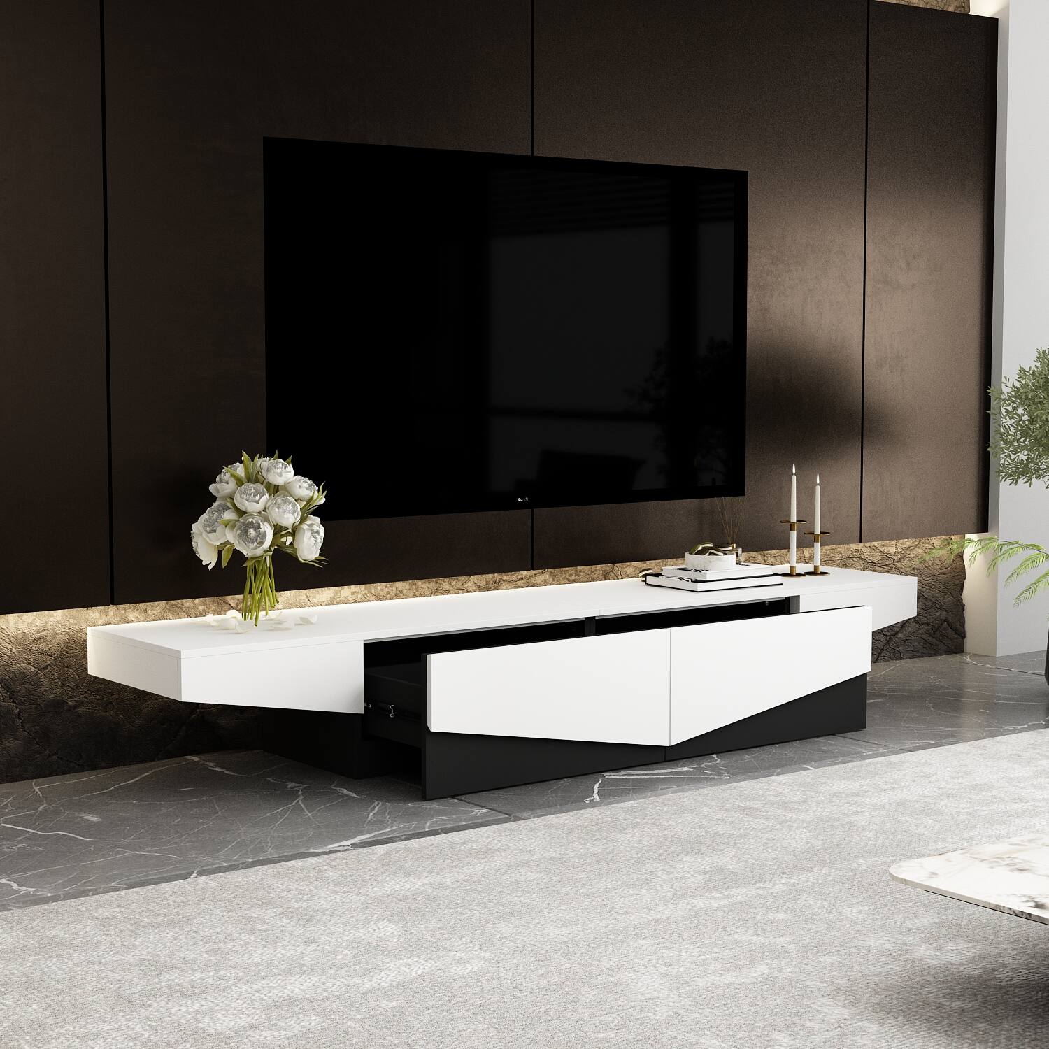 Alt View 1. Famapy - Modern Geometric TV Stand 75", Black & White Low Profile Media Console with Sliding Drawers for Living Room - White.