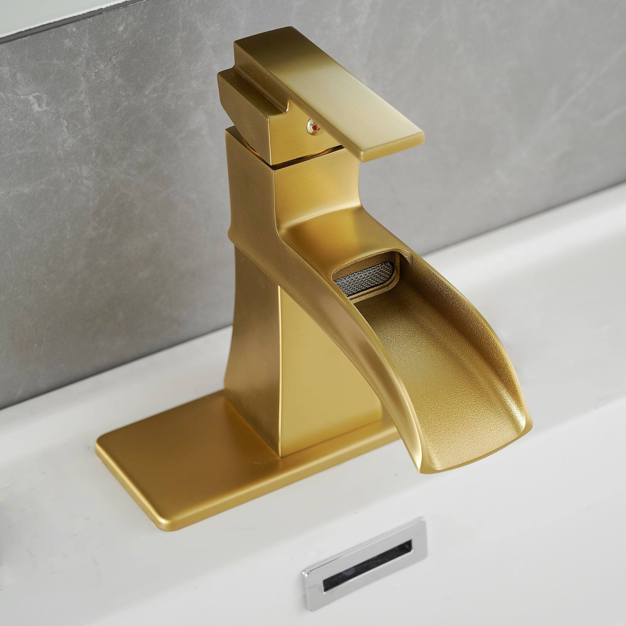 Back. Boyel Living - Single Handle Single Hole Bathroom Faucet Brushed Gold with Deck Plate Pop Up Drain and Water Supply Hoses - Brushed Gold.