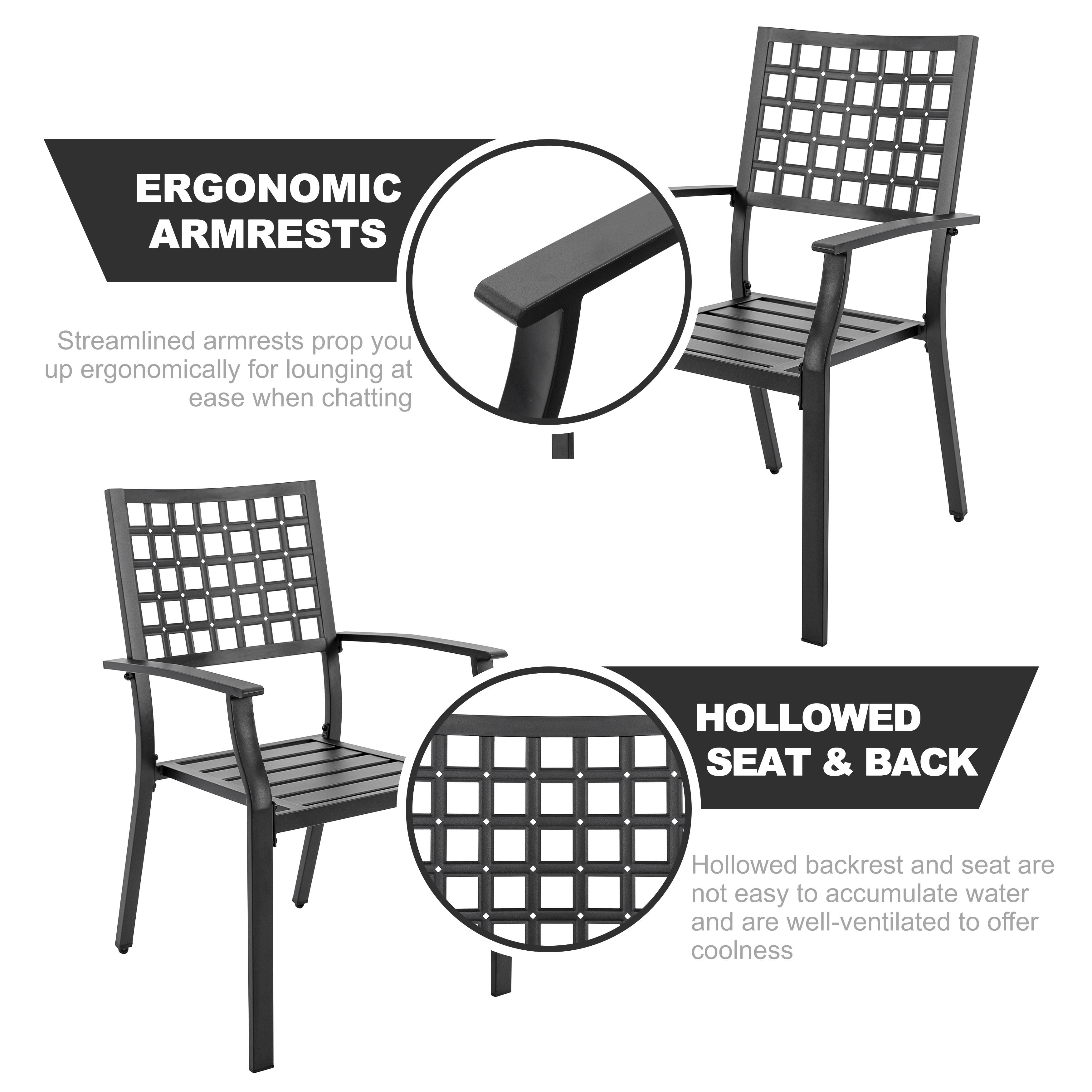 **ERGONOMIC ARMRESTS**  
Streamlined armrests prop you up ergonomically for lounging at ease when chatting.

**HOLLOWED SEAT & BACK**  
Hollowed backrest and seat are not easy to accumulate water and are well-ventilated to offer coolness.