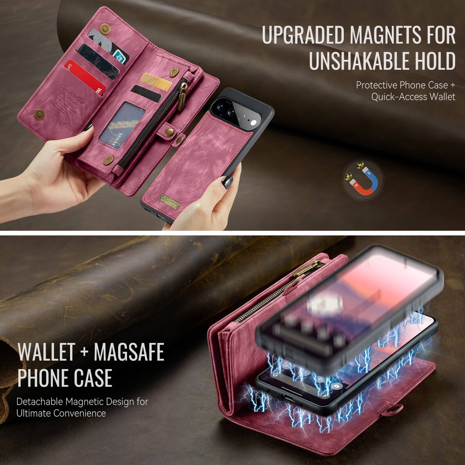 UPGRADED MAGNETS FOR UNSHAKABLE HOLD  
Protective Phone Case + Quick-Access Wallet

WALLET + MAGSAFE PHONE CASE  
Detachable Magnetic Design for Ultimate Convenience