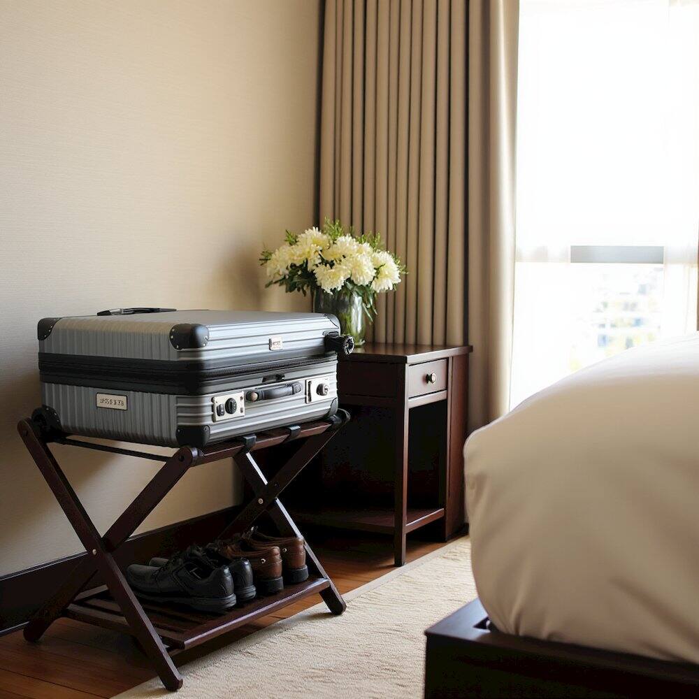 Alt View 1. FurniFact - Solid Wood Luggage Rack for Guest Room with Lower Shelf in Cappuccino Finish - Cappuccino.