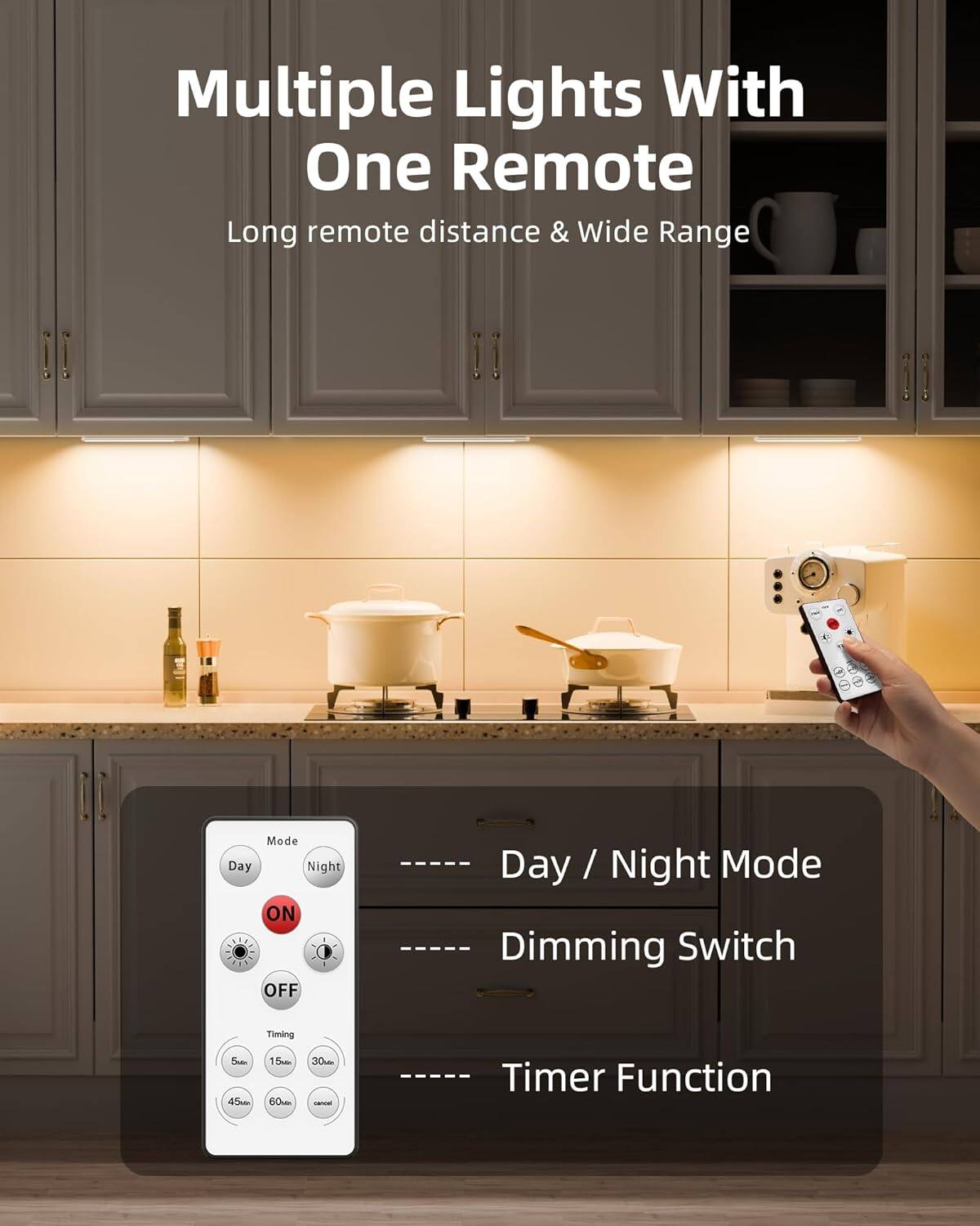 Multiple Lights With One Remote  
Long remote distance & Wide Range  

Day / Night Mode  
Dimming Switch  
Timer Function