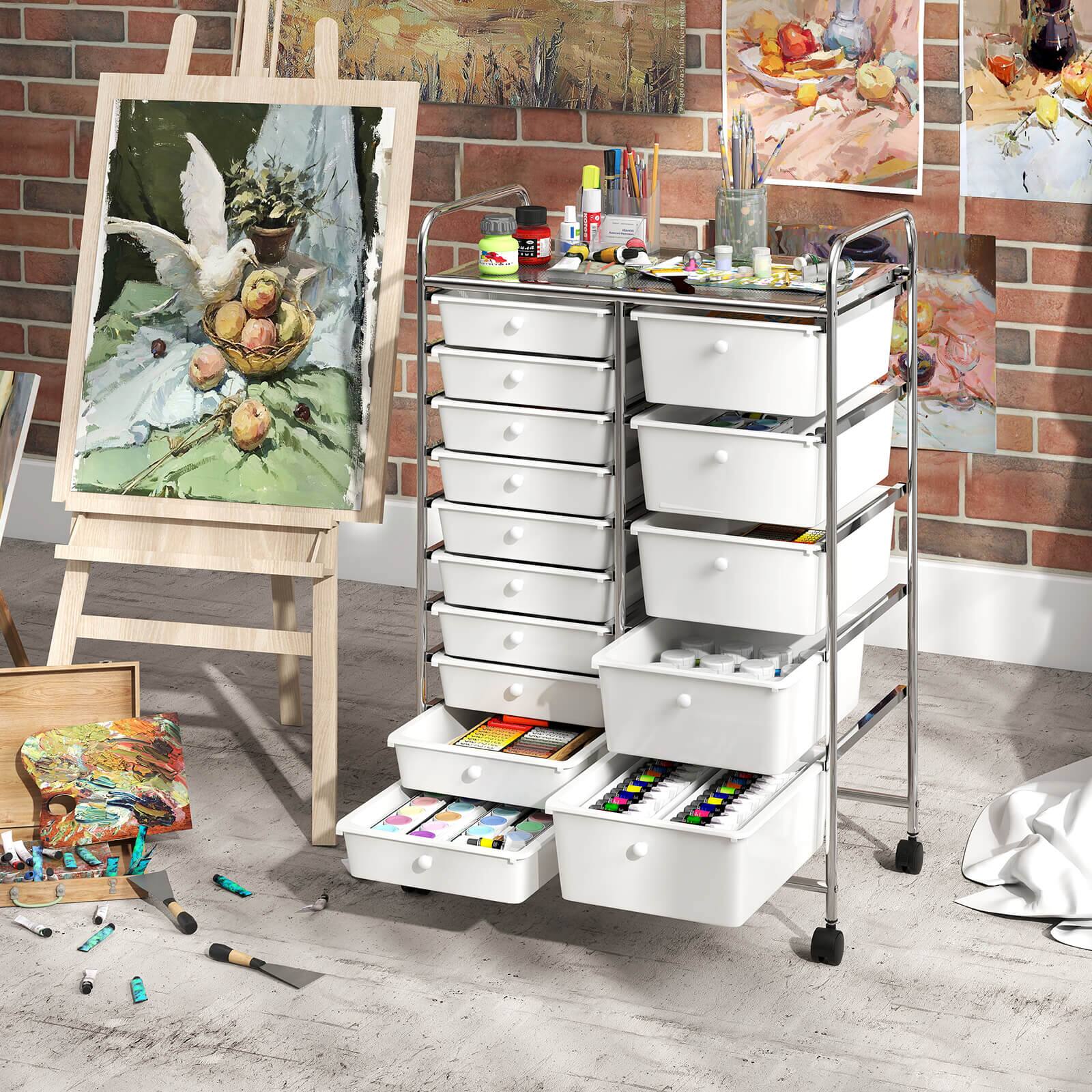 Alt View 4. Costway - Costway 15-Drawer Trolley with Chrome Plated Metal Frame & Lockable Universal Wheels - White.