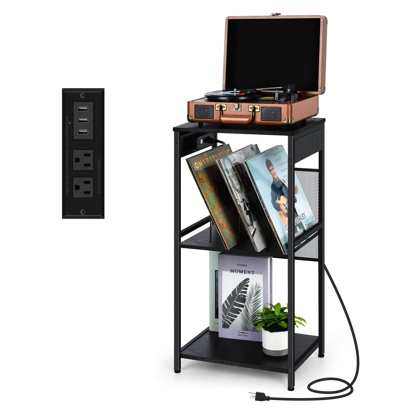 Oumilen - Vinyl Record Player Stand with Charging Station & Storage Shelves - Black