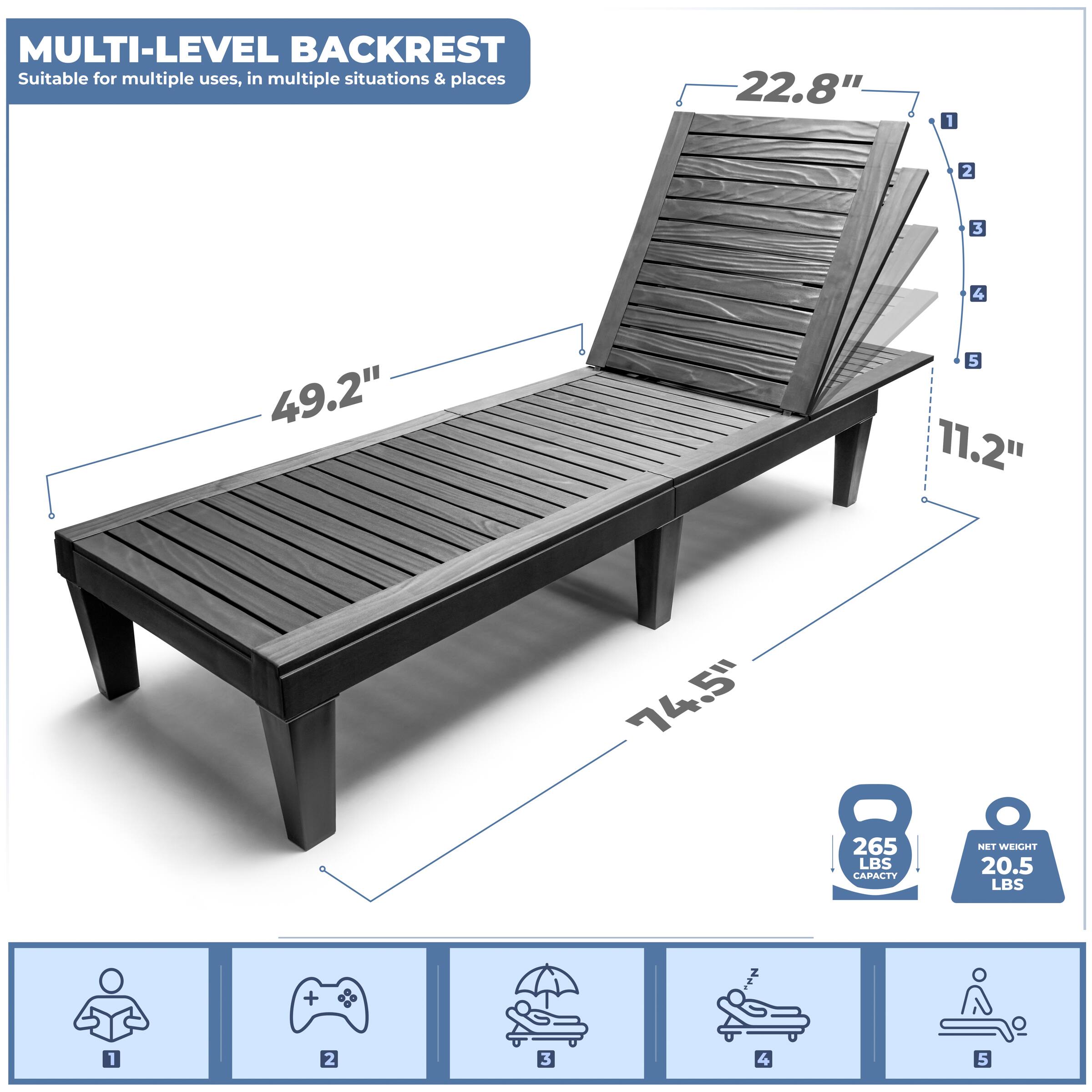 MULTI-LEVEL BACKREST  
Suitable for multiple uses, in multiple situations & places  

22.8"  
49.2"  
11.2"  
74.5"  

265 LBS CAPACITY  
NET WEIGHT 20.5 LBS