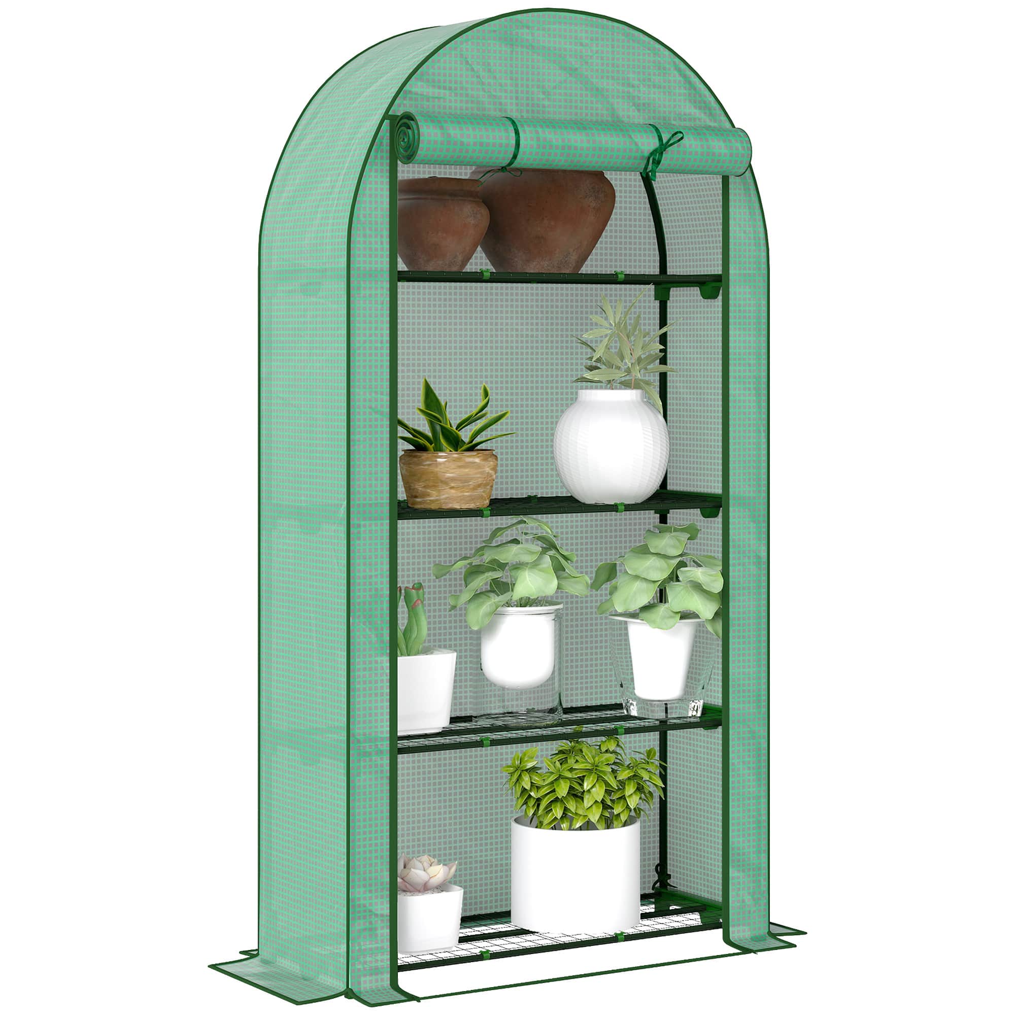 Outsunny - 4 Tier Mini Greenhouse, 41.3" x 17.7" x 63" Portable Greenhouse with Roll-Up Door and PE Cover