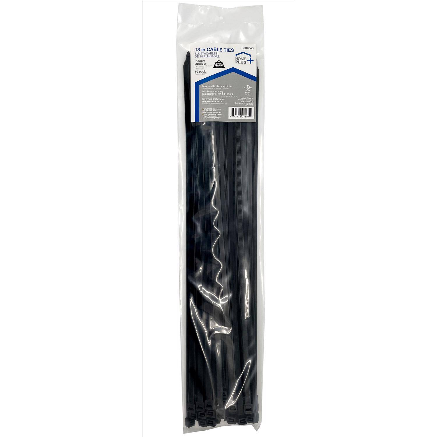 18 in CABLE TIES  
DE 18 PULGADAS  
Outdoor  
50 pack  

HOME DEPOT  
PLUS  

5004688  

NEW!  
Now with a built-in cutter!  
18 in (45.7 cm)  
100 lb (45.4 kg)  
1000 lb (454 kg)  

Made in China  
© 2021 The Home Depot, Inc.