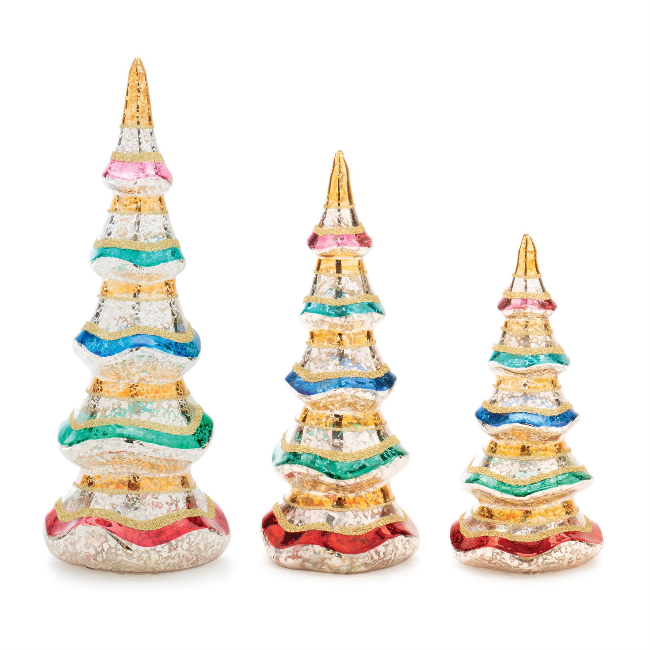 Front. BreeBe - Multicolor Mercury Glass Pine Tree (Set of 3) - Gold, Red, Green, Blue.