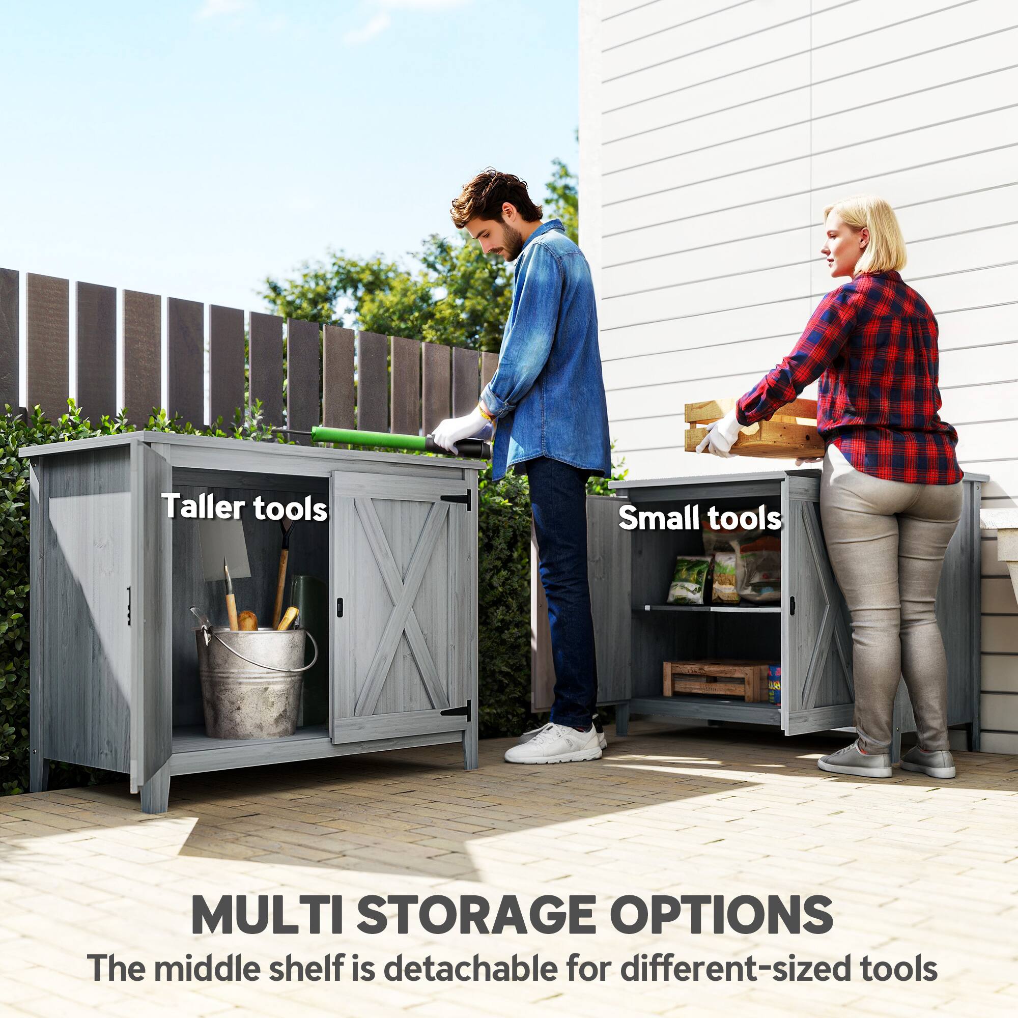 Taller tools  
Small tools  

MULTI STORAGE OPTIONS  
The middle shelf is detachable for different-sized tools