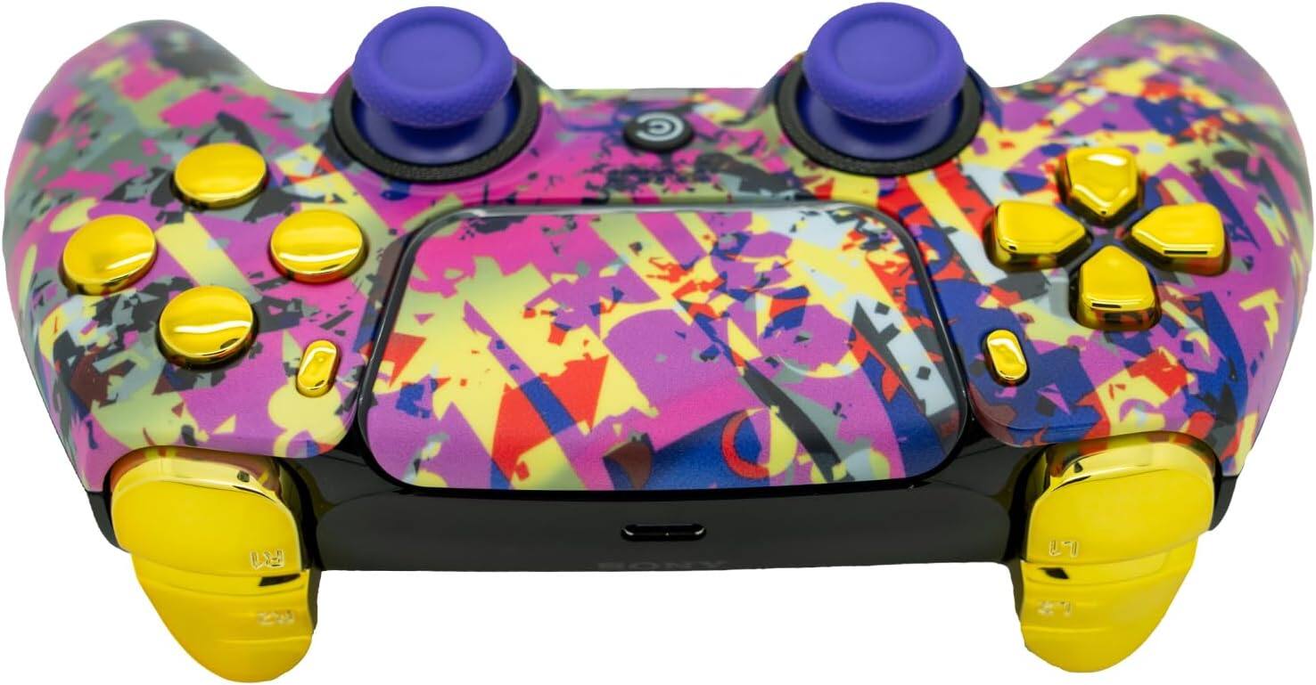 Back. Custom Controllerzz - Custom Wireless Controller for PS5 - Neon Drip & Gold Chrome Inserts.