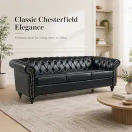 Anysun - 84" Faux Leather 3-Seat Chesterfield Sofa - Rolled Arm, Deep Seating, Button Tufted for Living Room & Office - Black