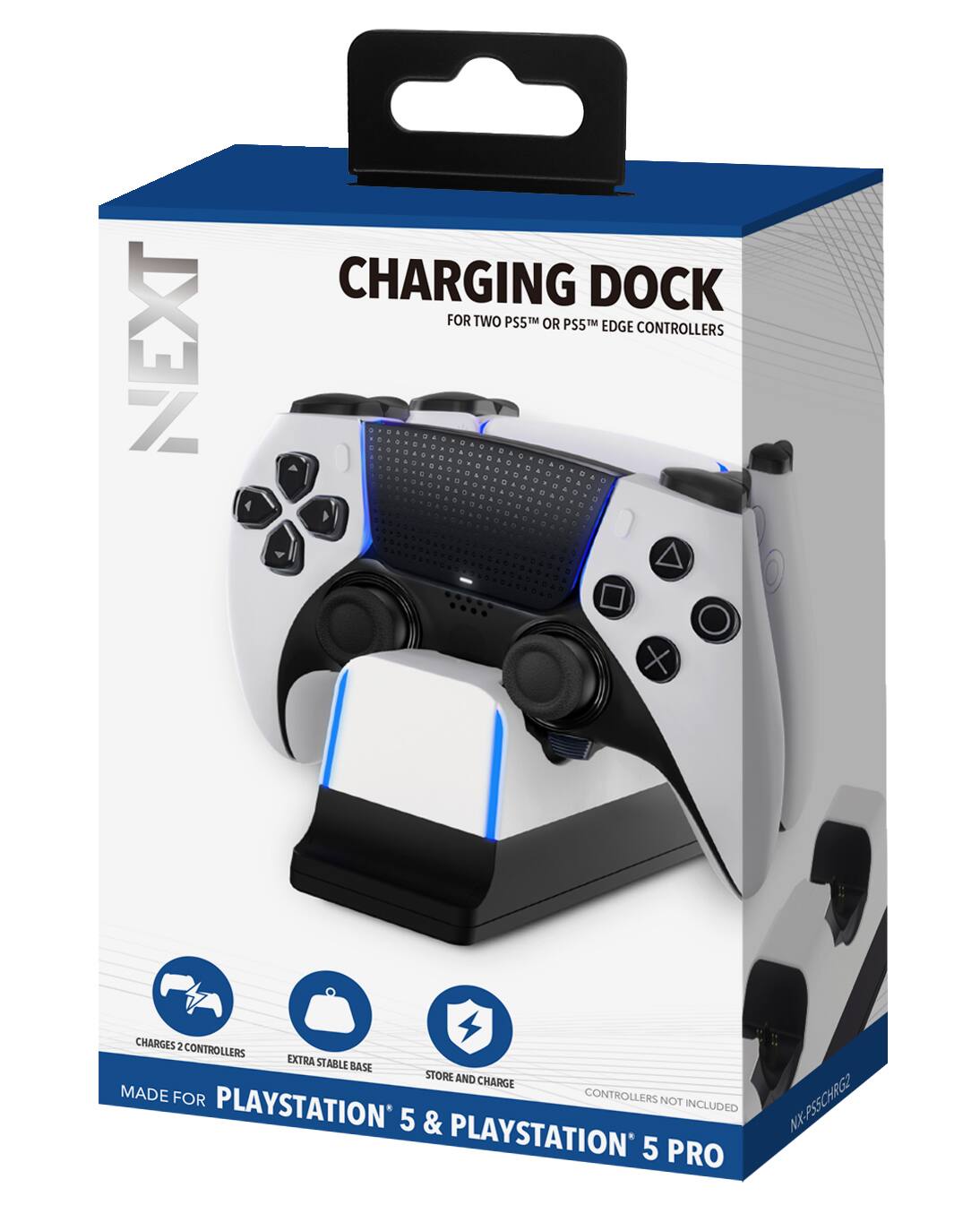 NEXT  
CHARGING DOCK  
FOR TWO PS5™ OR PS5™ EDGE CONTROLLERS  

CHARGES 2 CONTROLLERS  
EXTRA STABLE BASE  
STORE AND CHARGE  

MADE FOR PLAYSTATION® 5 & PLAYSTATION® 5 PRO  

CONTROLLERS NOT INCLUDED  

NX-P55CHRG2