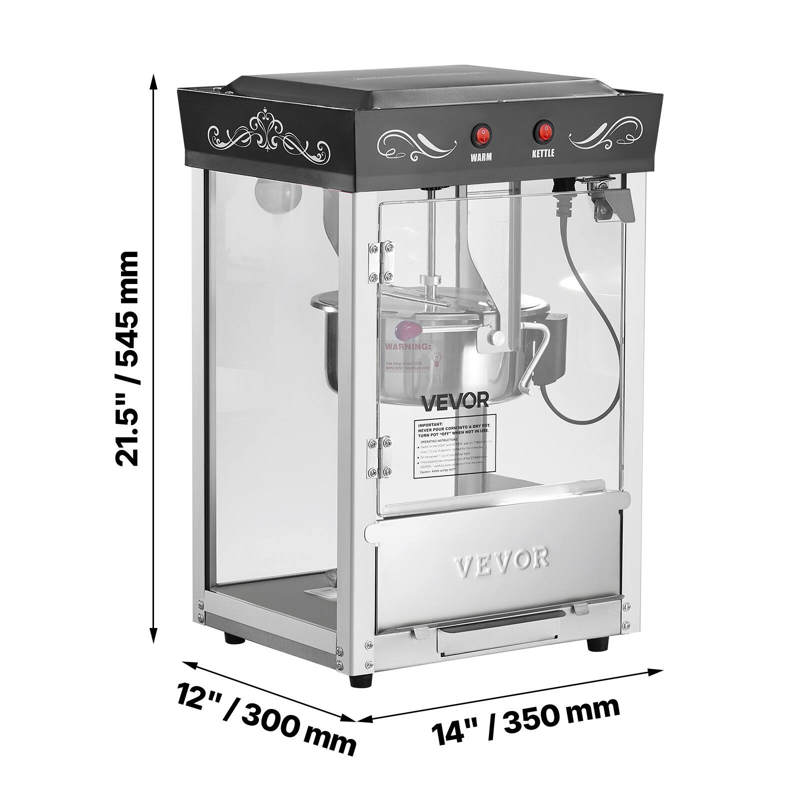 WARM  
KETTLE  
21.5" / 545 mm  
12" / 300 mm  
14" / 350 mm  
WARNING: IMPORTANT: NEVER POUR WATER INTO THE KETTLE WHEN IT IS ON