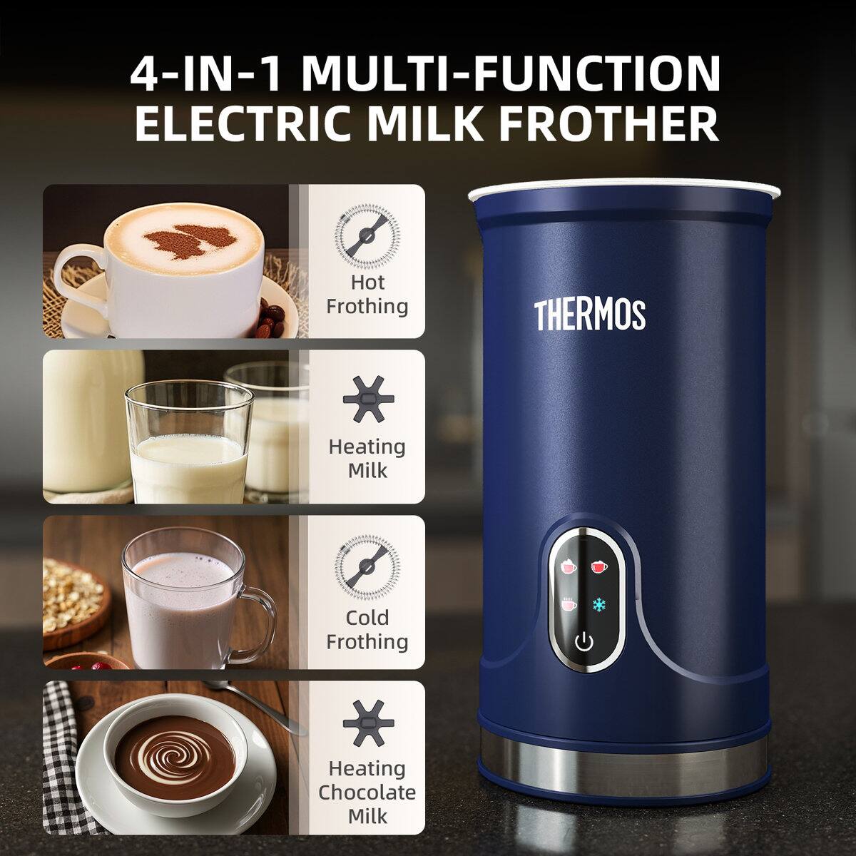 4-IN-1 MULTI-FUNCTION ELECTRIC MILK FROTHER

- Hot Frothing
- Heating Milk
- Cold Frothing
- Heating Chocolate Milk