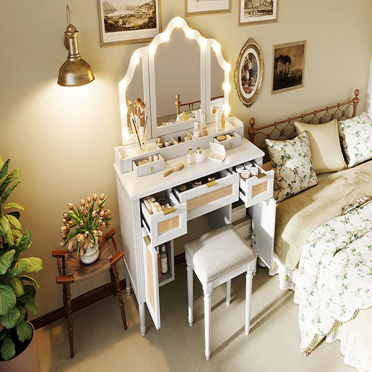 Alt View 7. Loheer - Loheer White Makeup Vanity with Tri Fold Mirror and Matching Stool - White.