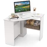 Costway - Triangle Corner Computer Desk with Storage Shelf - White