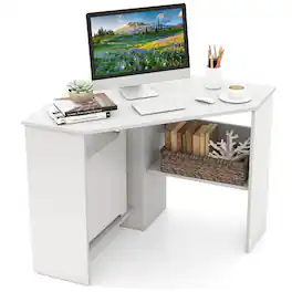 Costway - Triangle Corner Computer Desk with Storage Shelf - White