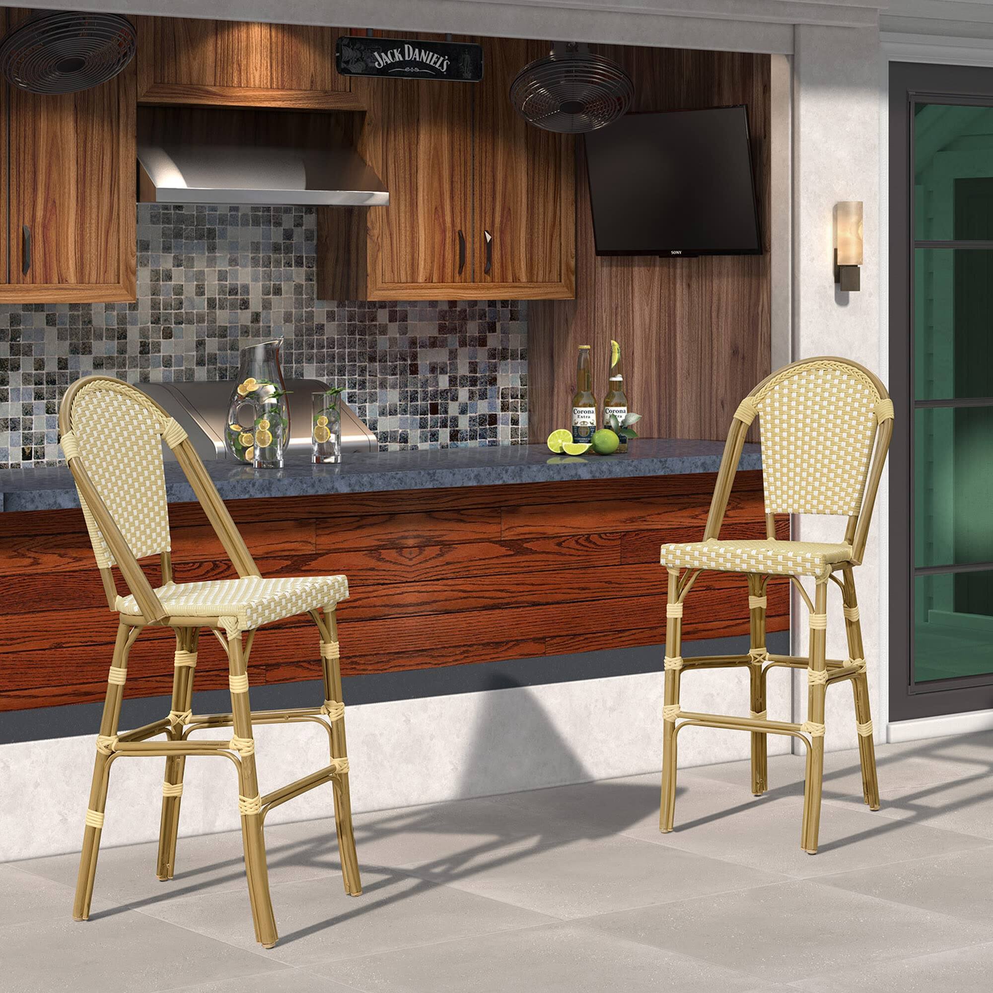 PURPLE LEAF - French Bar Height Bar Stool Set of 2 Patio Bar Chairs with Back Rattan Bar Chairs French Bistro Set - Bamboo Pattern/Cream Yellow-Bar Stool