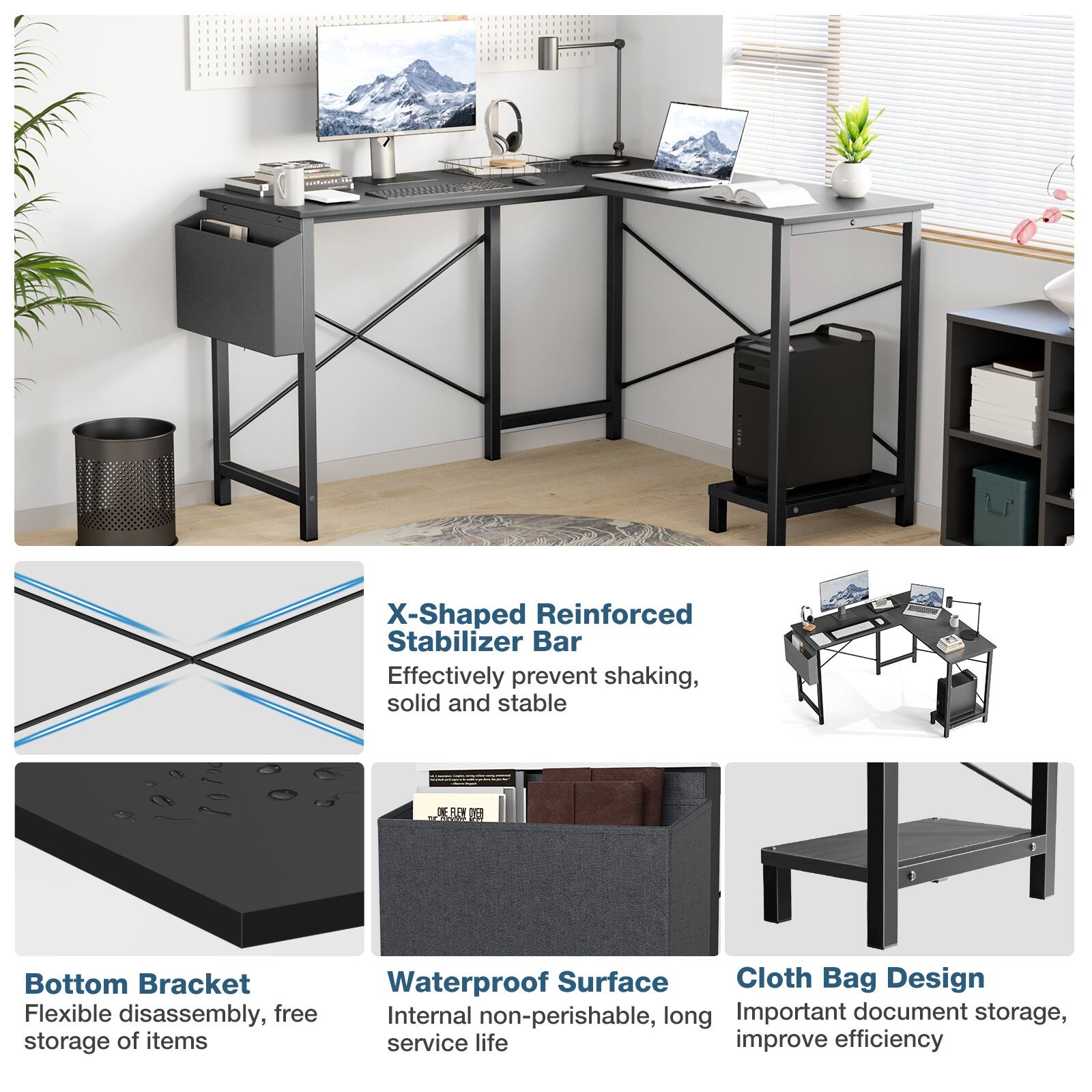 - X-Shaped Reinforced Stabilizer Bar
  - Effectively prevent shaking, solid and stable

- Bottom Bracket
  - Flexible disassembly, free storage of items

- Waterproof Surface
  - Internal non-perishable, long service life

- Cloth Bag Design
  - Important document storage, improve efficiency