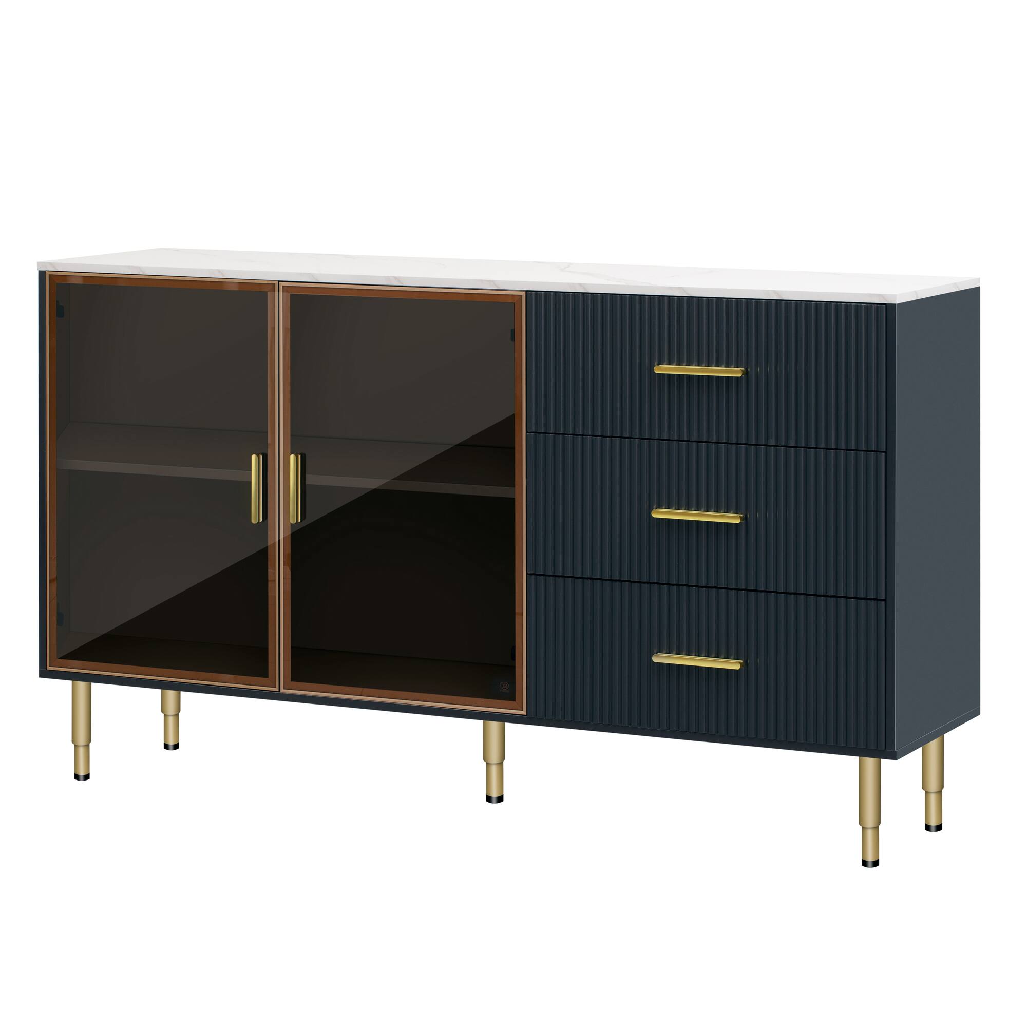 Front. Spaco - Spaco Modern Sideboard Buffet Cabinet with Marble Tabletop, Tempered Glass Doors, Gold Metal Legs and Handles - Navy Blue.
