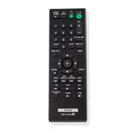 OPEN/CLOSE
TV INPUT
TV 1/0
VOL +
VOL -
1 2 3
4 5 6
7 8 9
CLEAR 0
TIME/TEXT
AUDIO SUBTITLE
MENU
DISPLAY
RETURN
PREV REPLAY ADVANCE NEXT
PLAY PAUSE STOP
FAST/SLOW PLAY
DVD
RMT-D197A
