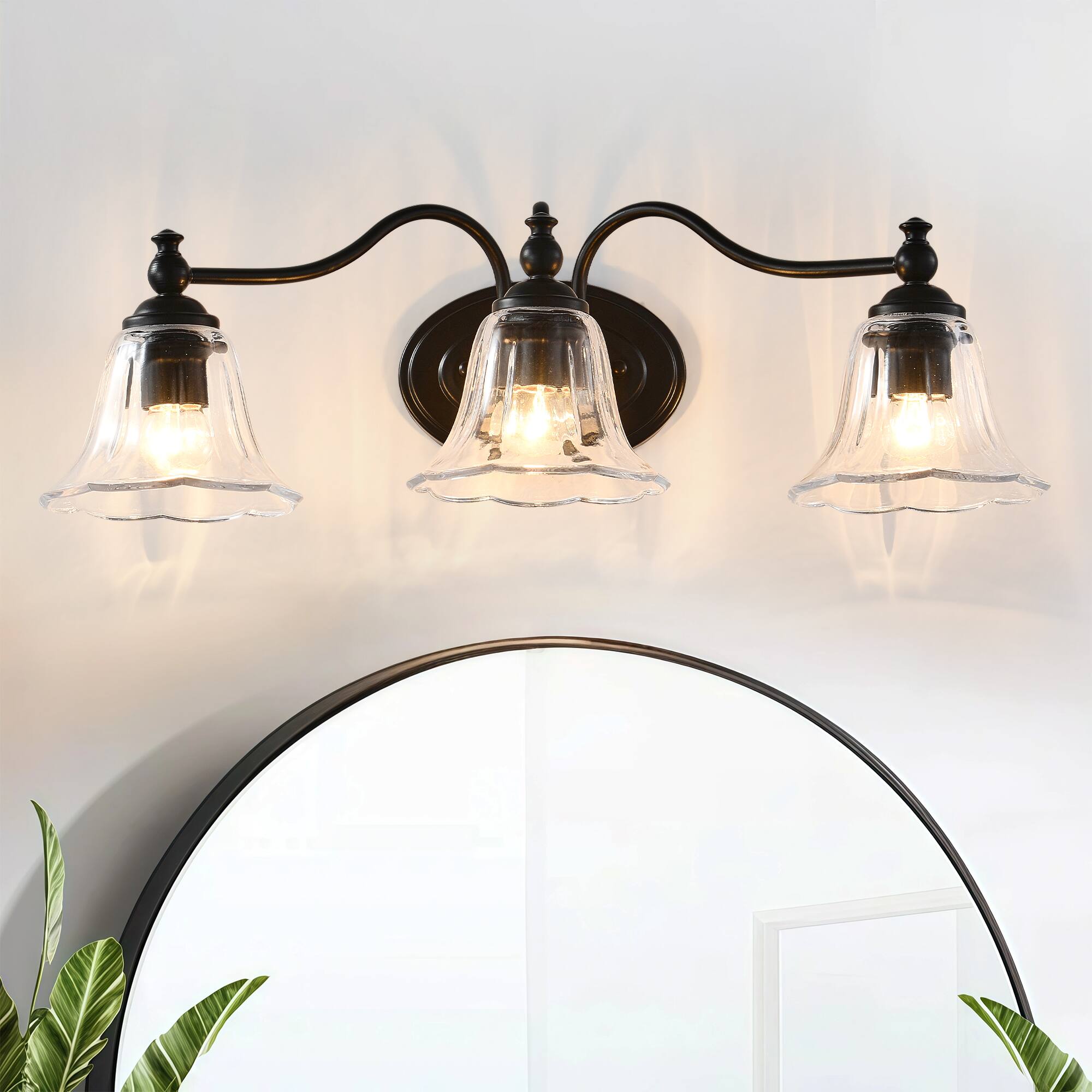 Front. RYHNUYNE - 3-Light Bathroom Vanity Light Fixture,Vanity Light with Crystal Glass Shade,Farmhouse Wall Mount Lighting Over Mirror - Black.