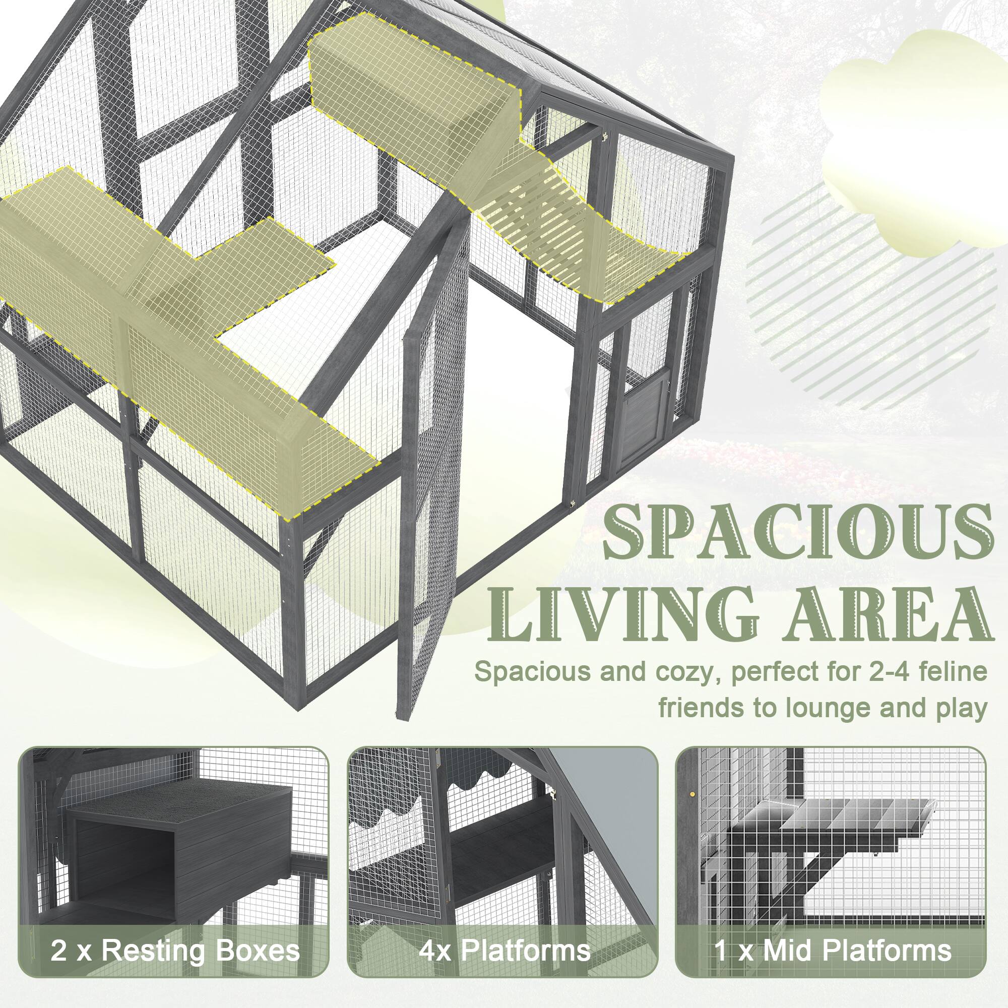 SPACIOUS LIVING AREA  
Spacious and cozy, perfect for 2-4 feline friends to lounge and play  

2 x Resting Boxes  
4 x Platforms  
1 x Mid Platforms