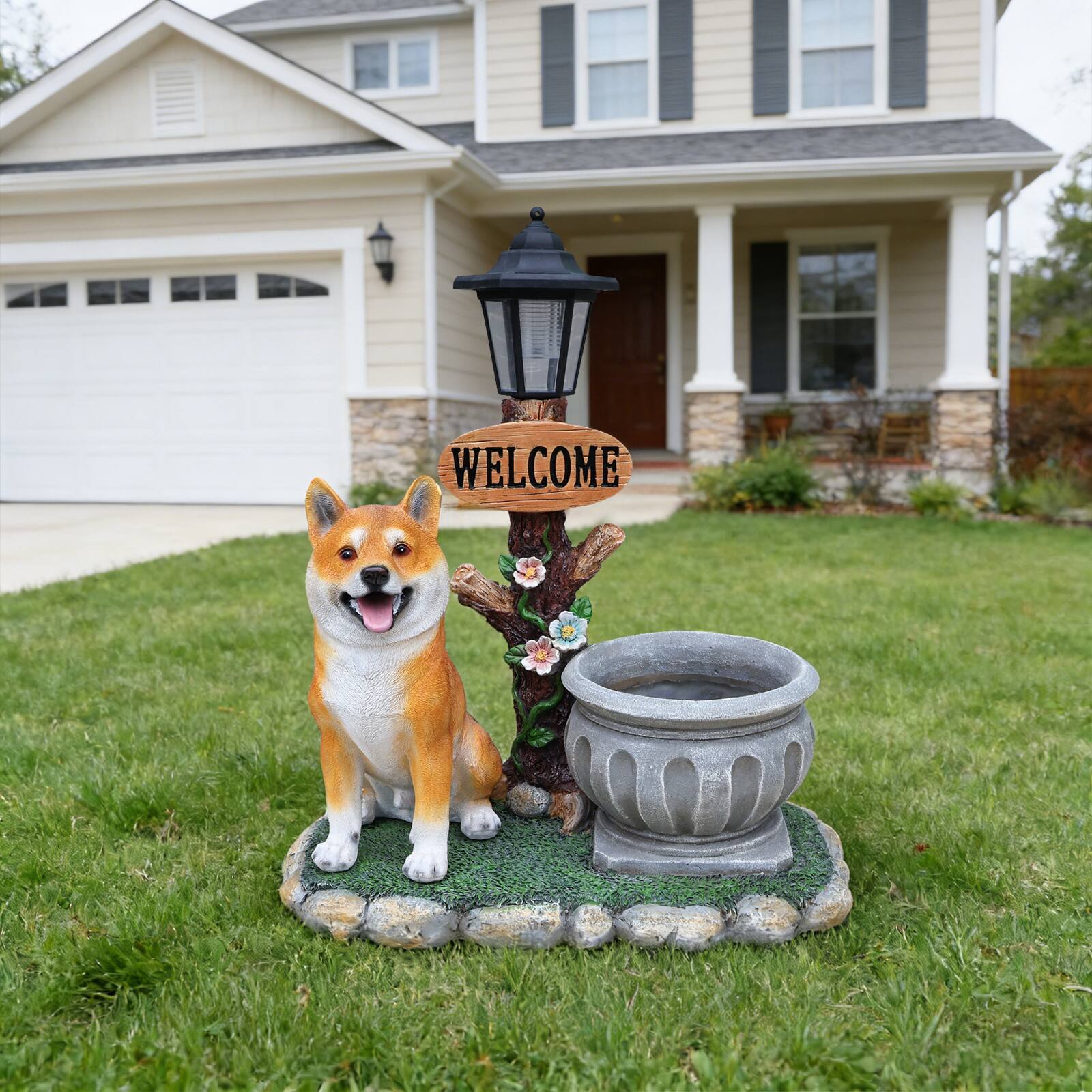 Angle. Anysun - Sitting Akita Dog Planter Garden Decor – Loyal Statue with Built‑In Flower Pot, Weather‑Resistant for Indoor Outdoor Use - Brown.