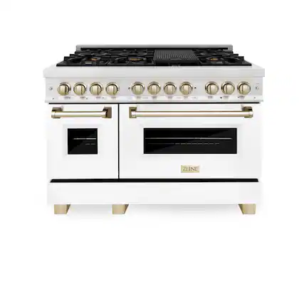 Front. ZLINE - ZLINE Autograph 48 in. Legacy Dual Fuel Range in Satin Steel w/ White & Gold Accents (RASZ-WM-48-G) - Multicolor.