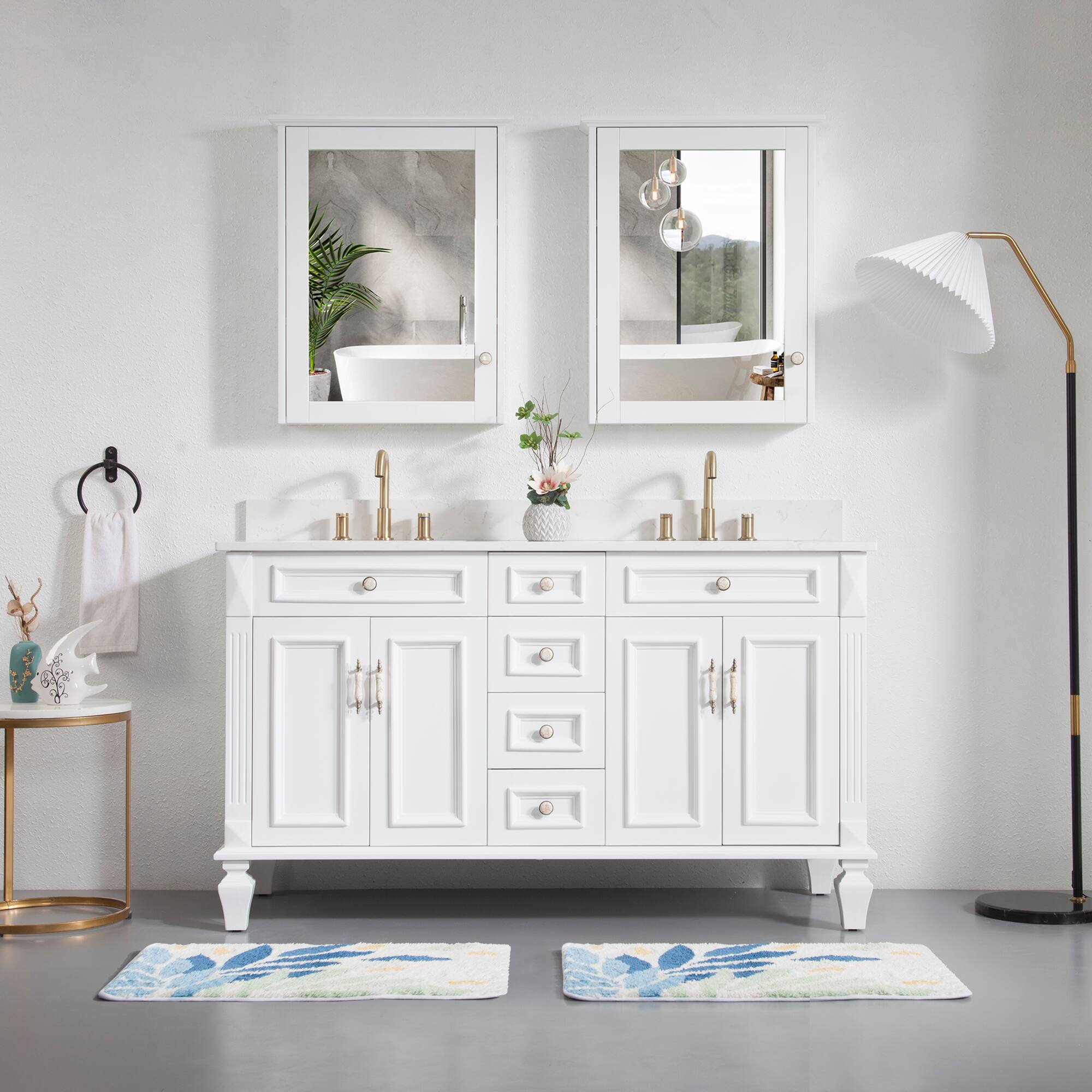 Left. WELLFOR - ARTWOOD 60 in. Solid Wood Bath Vanity with Quartz Top, Double Sink, Soft Close, Assembled - White.