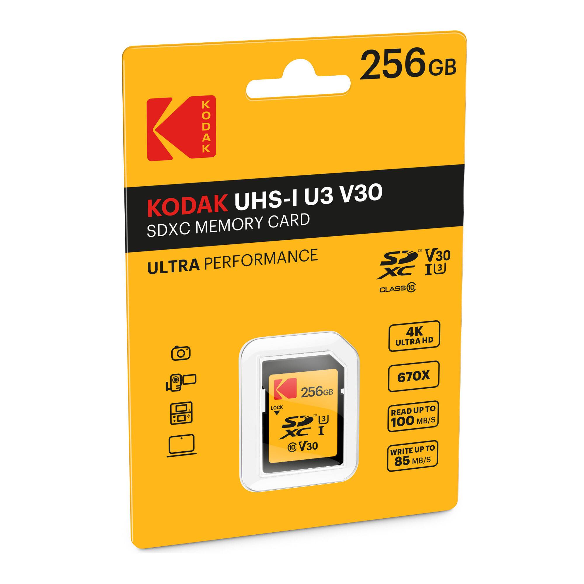 256GB KODAK UHS-I U3 V30 SDXC MEMORY CARD ULTRA PERFORMANCE 4K ULTRA HD 670X READ UP TO 100 MB/S WRITE UP TO 85 MB/S